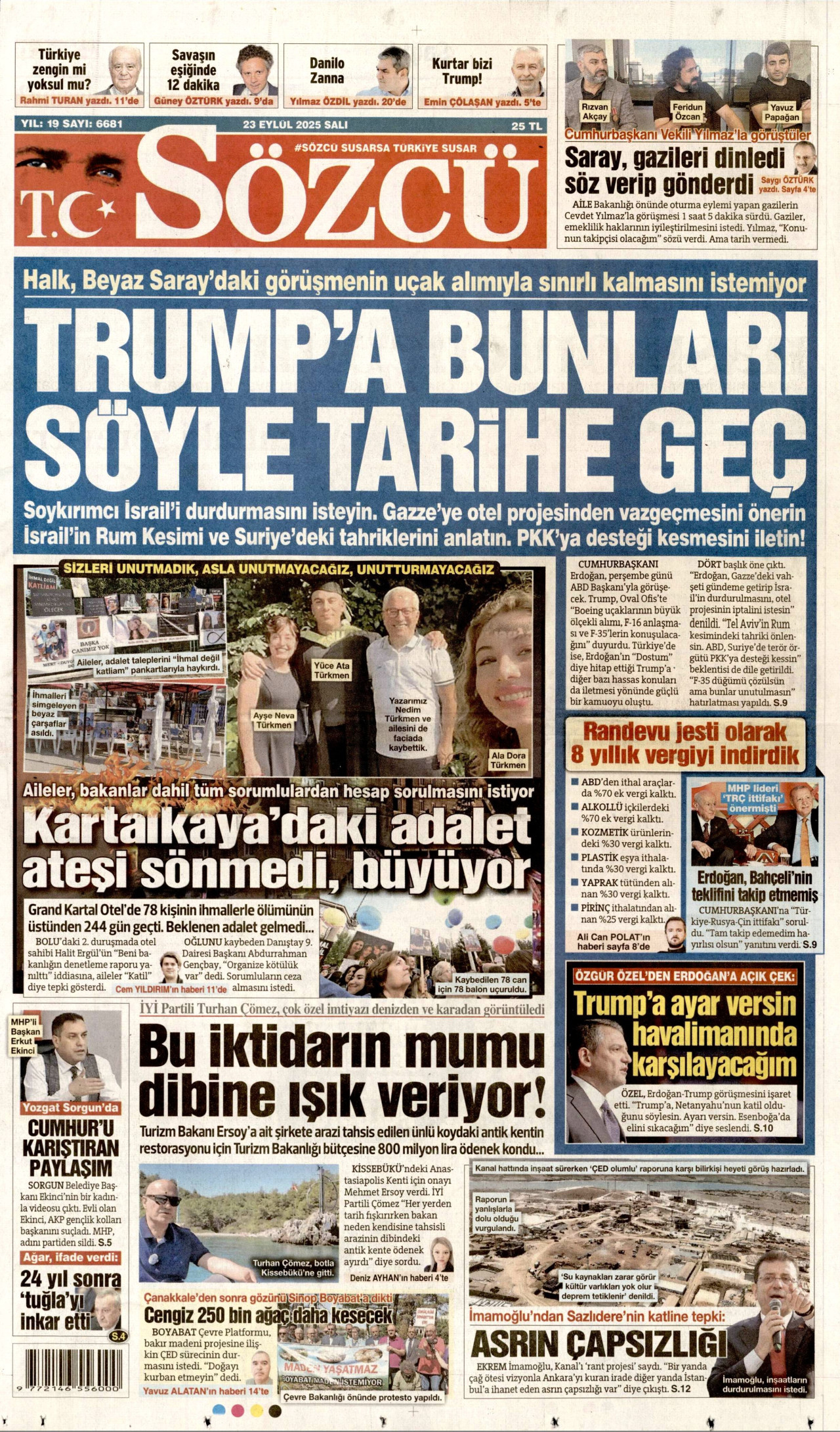 SÖZCÜ gazetesinin 23 Eylül 2025 tarihli birinci sayfası