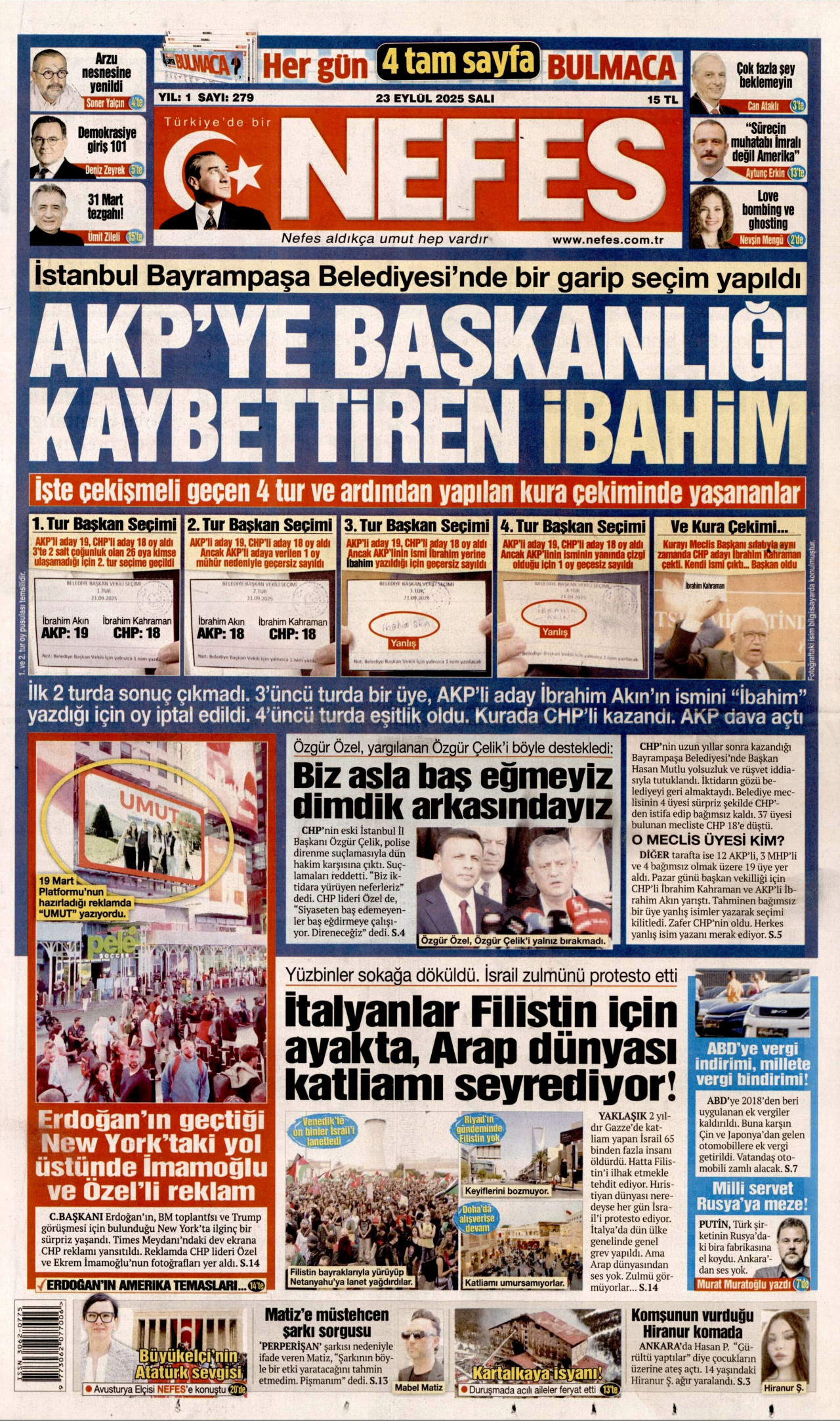NEFES gazetesinin 23 Eylül 2025 tarihli birinci sayfası