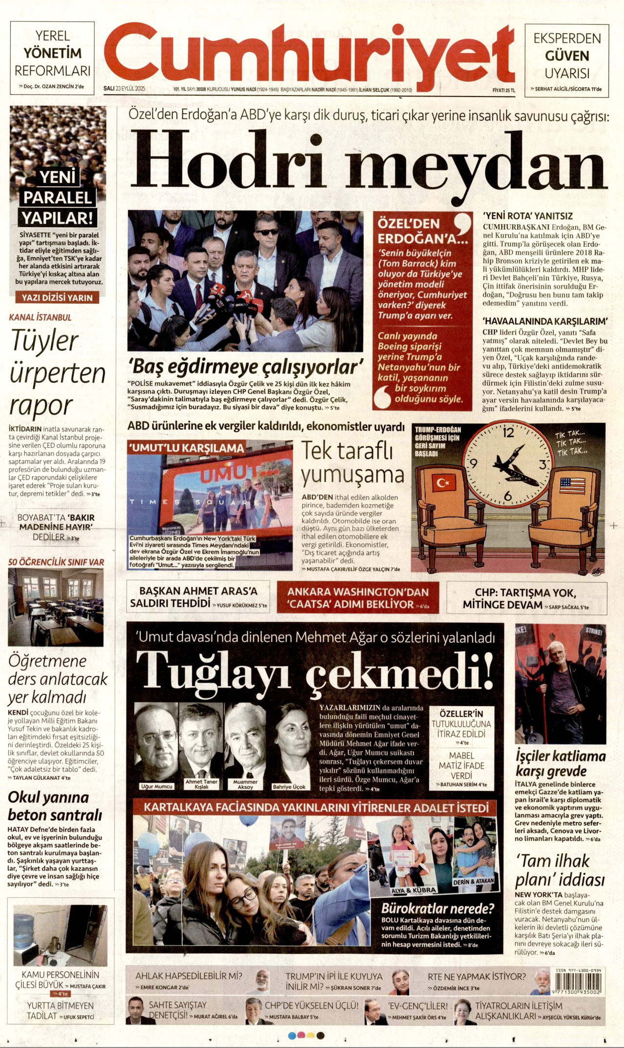 CUMHURİYET gazetesinin 23 Eylül 2025 tarihli birinci sayfası