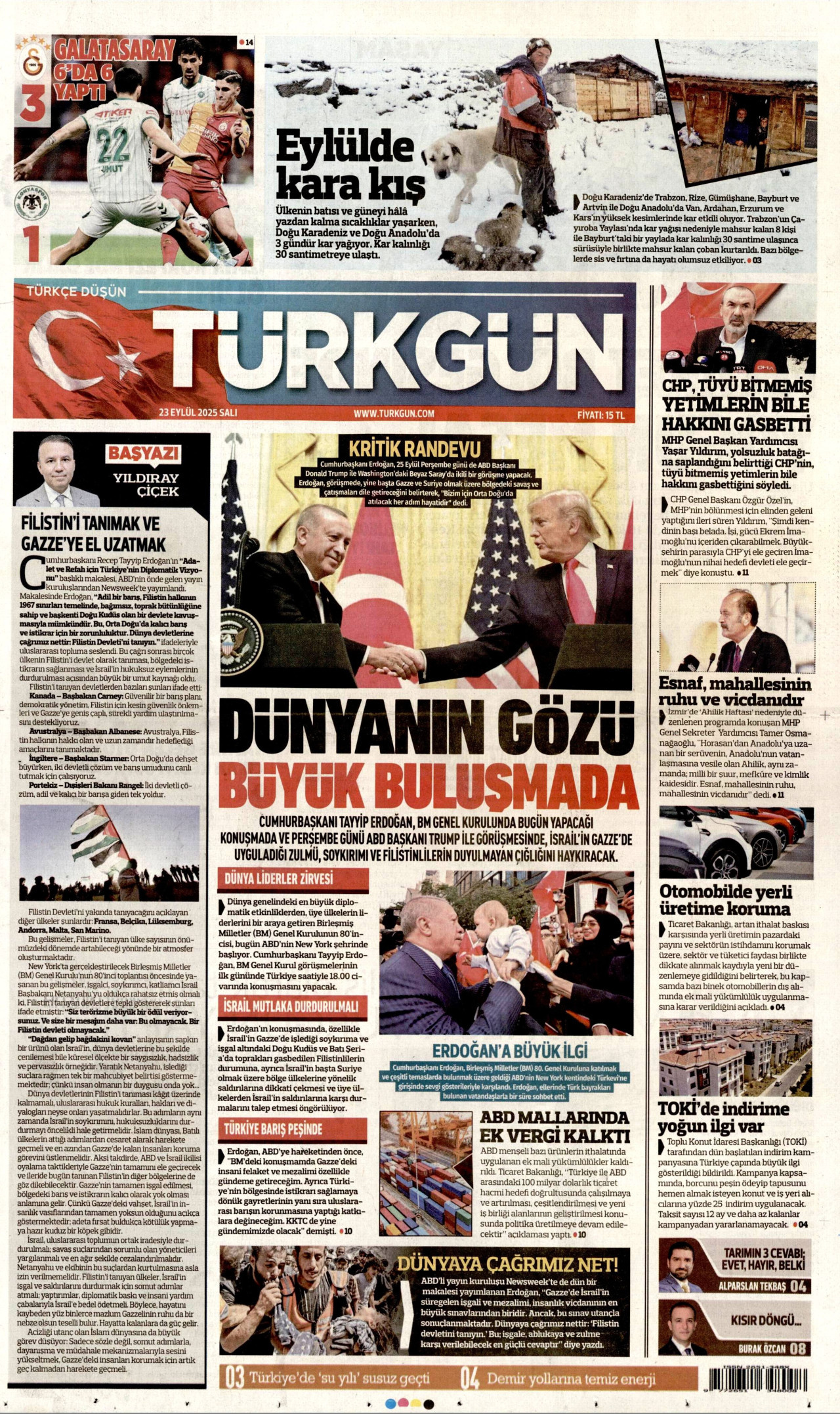 TÜRKGÜN gazetesinin 23 Eylül 2025 tarihli birinci sayfası