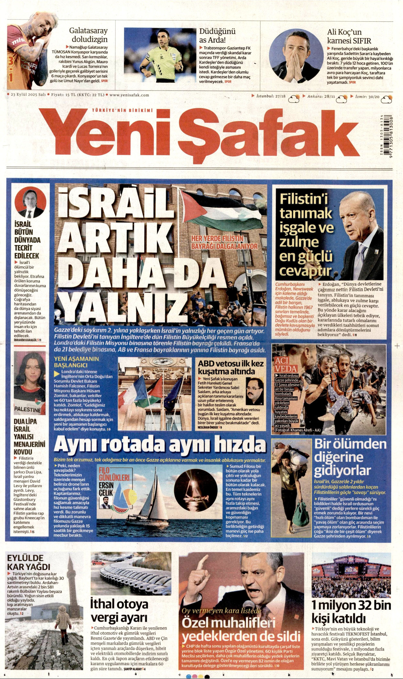 YENİ ŞAFAK gazetesinin 23 Eylül 2025 tarihli birinci sayfası