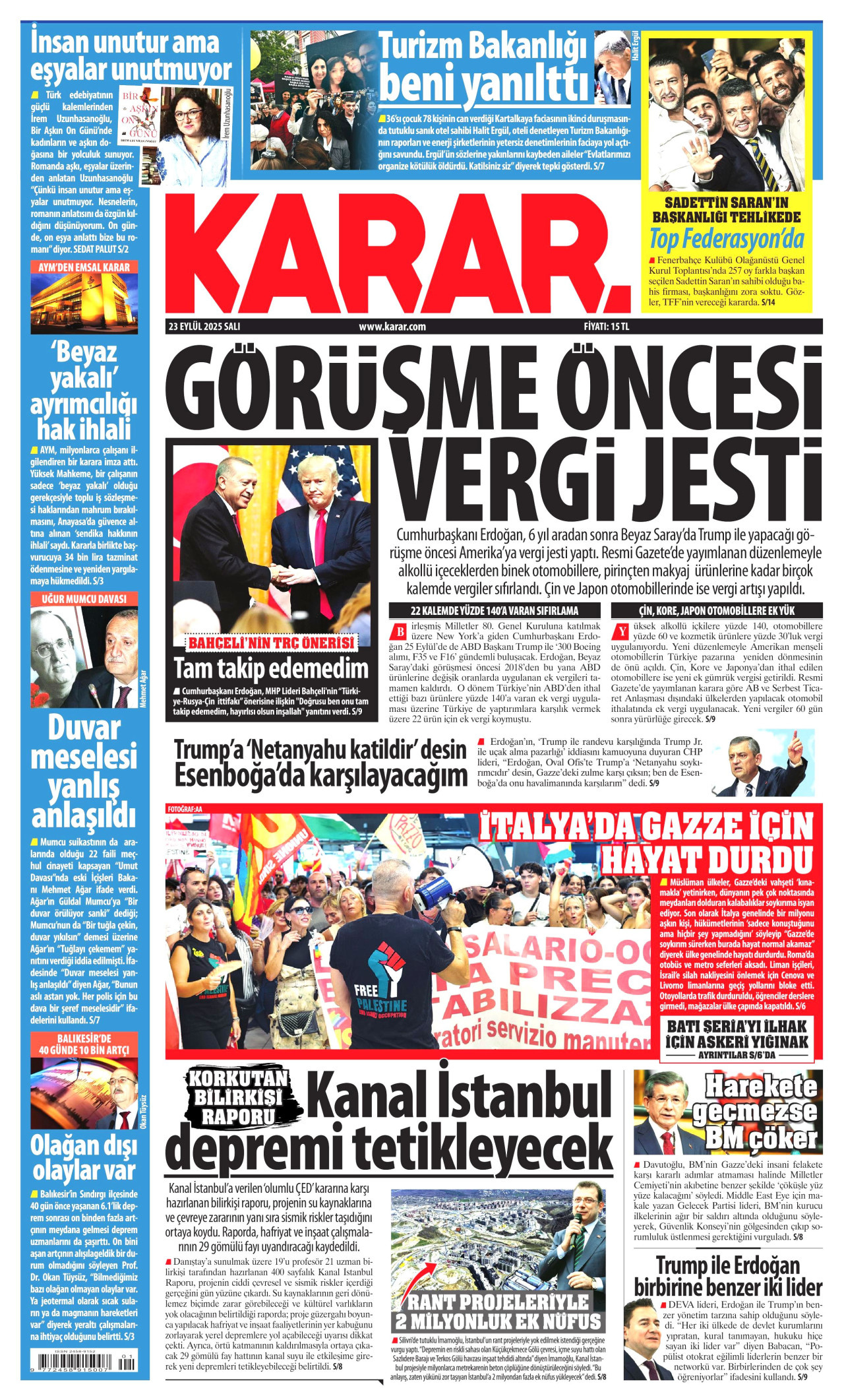 KARAR gazetesinin 23 Eylül 2025 tarihli birinci sayfası