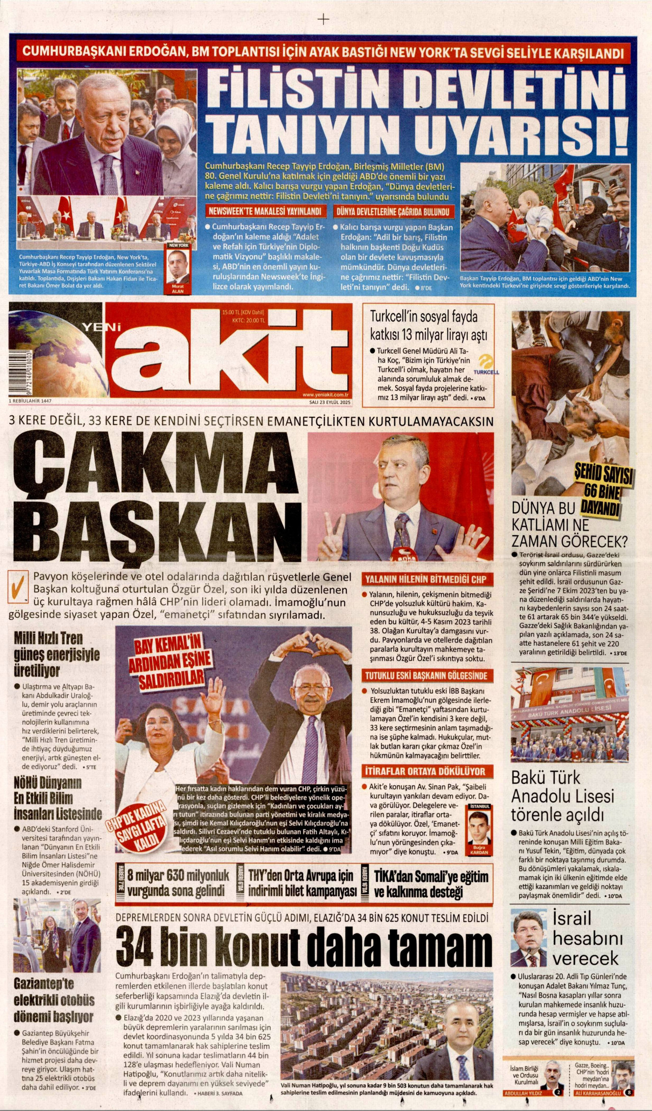 YENİ AKİT gazetesinin 23 Eylül 2025 tarihli birinci sayfası