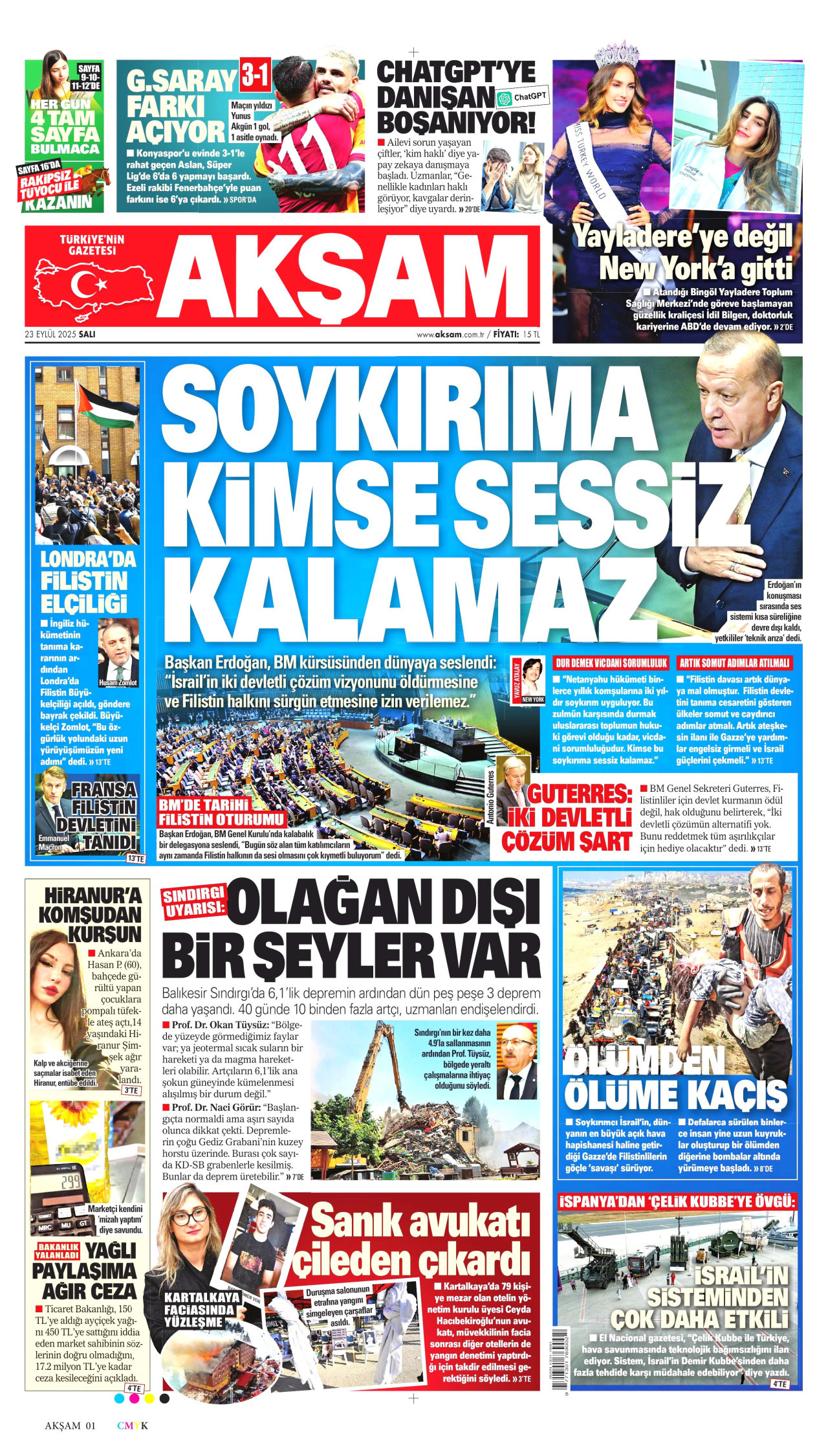 AKŞAM gazetesinin 23 Eylül 2025 tarihli birinci sayfası
