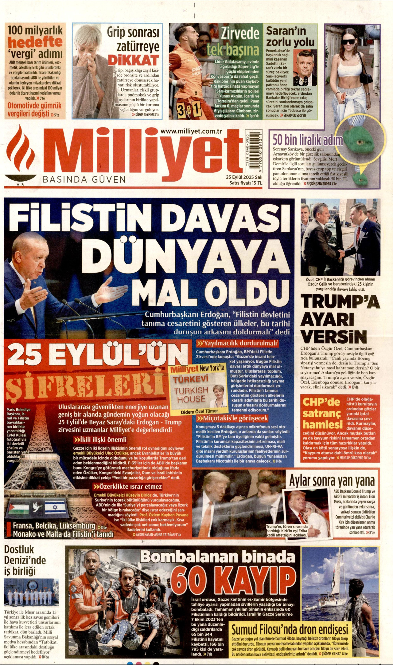 MİLLİYET gazetesinin 23 Eylül 2025 tarihli birinci sayfası