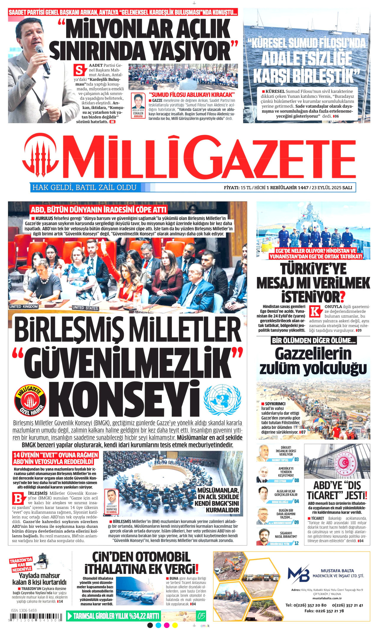 MİLLİ GAZETE gazetesinin 23 Eylül 2025 tarihli birinci sayfası