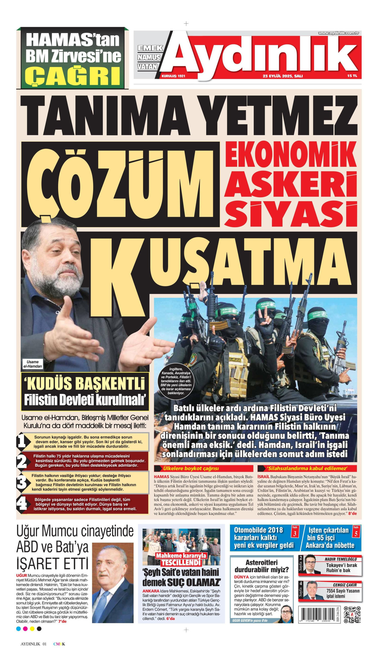 AYDINLIK GAZETESİ gazetesinin 23 Eylül 2025 tarihli birinci sayfası