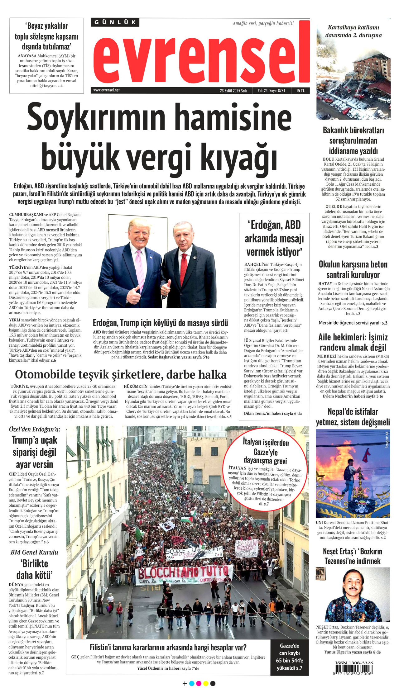 EVRENSEL gazetesinin 23 Eylül 2025 tarihli birinci sayfası