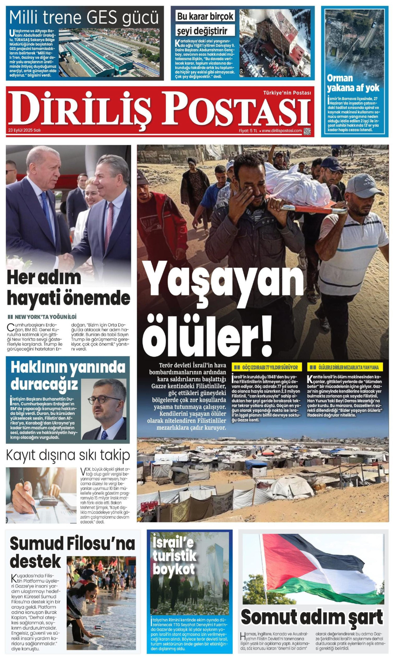 DİRİLİŞ POSTASI gazetesinin 23 Eylül 2025 tarihli birinci sayfası