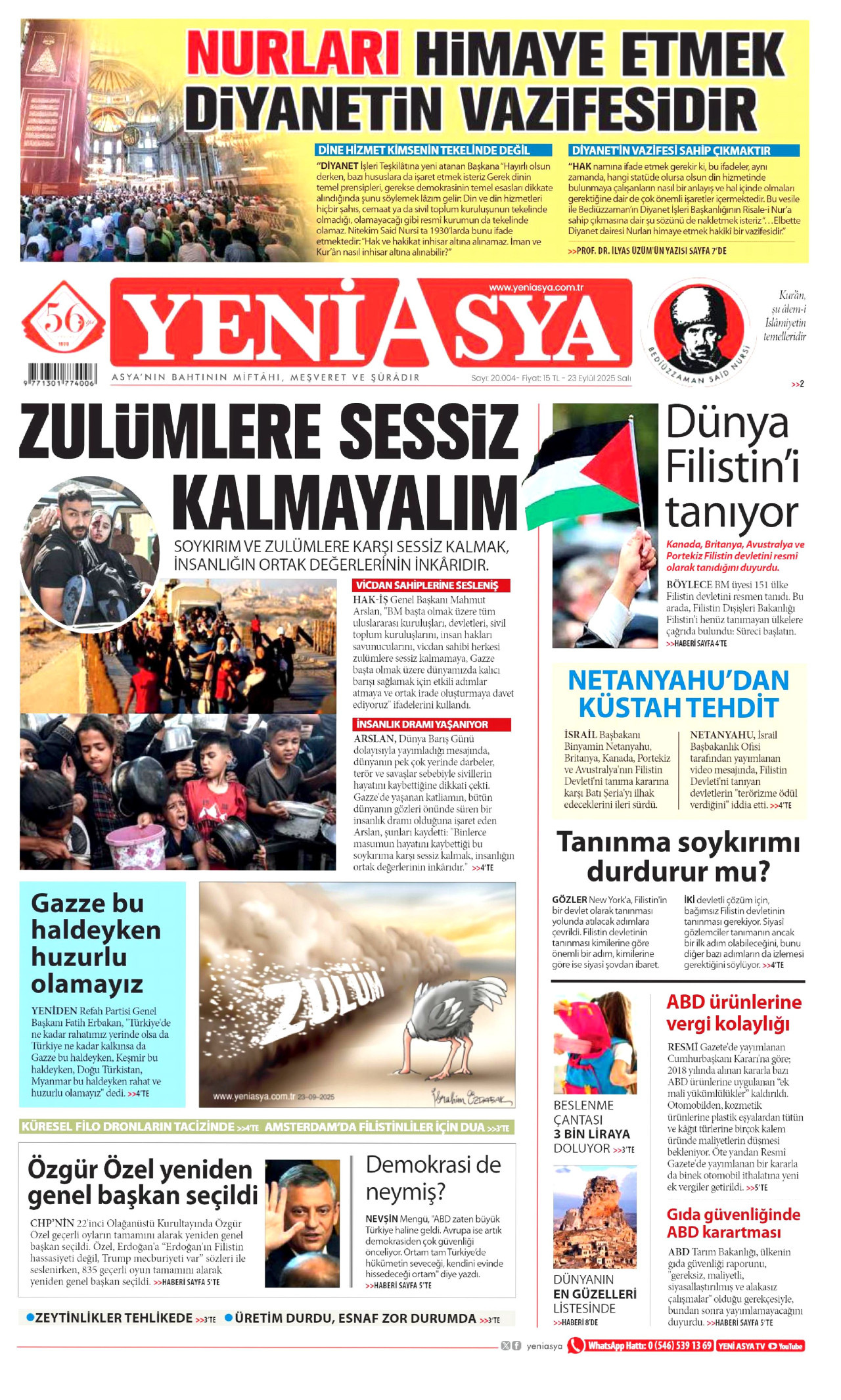 YENİ ASYA gazetesinin 23 Eylül 2025 tarihli birinci sayfası