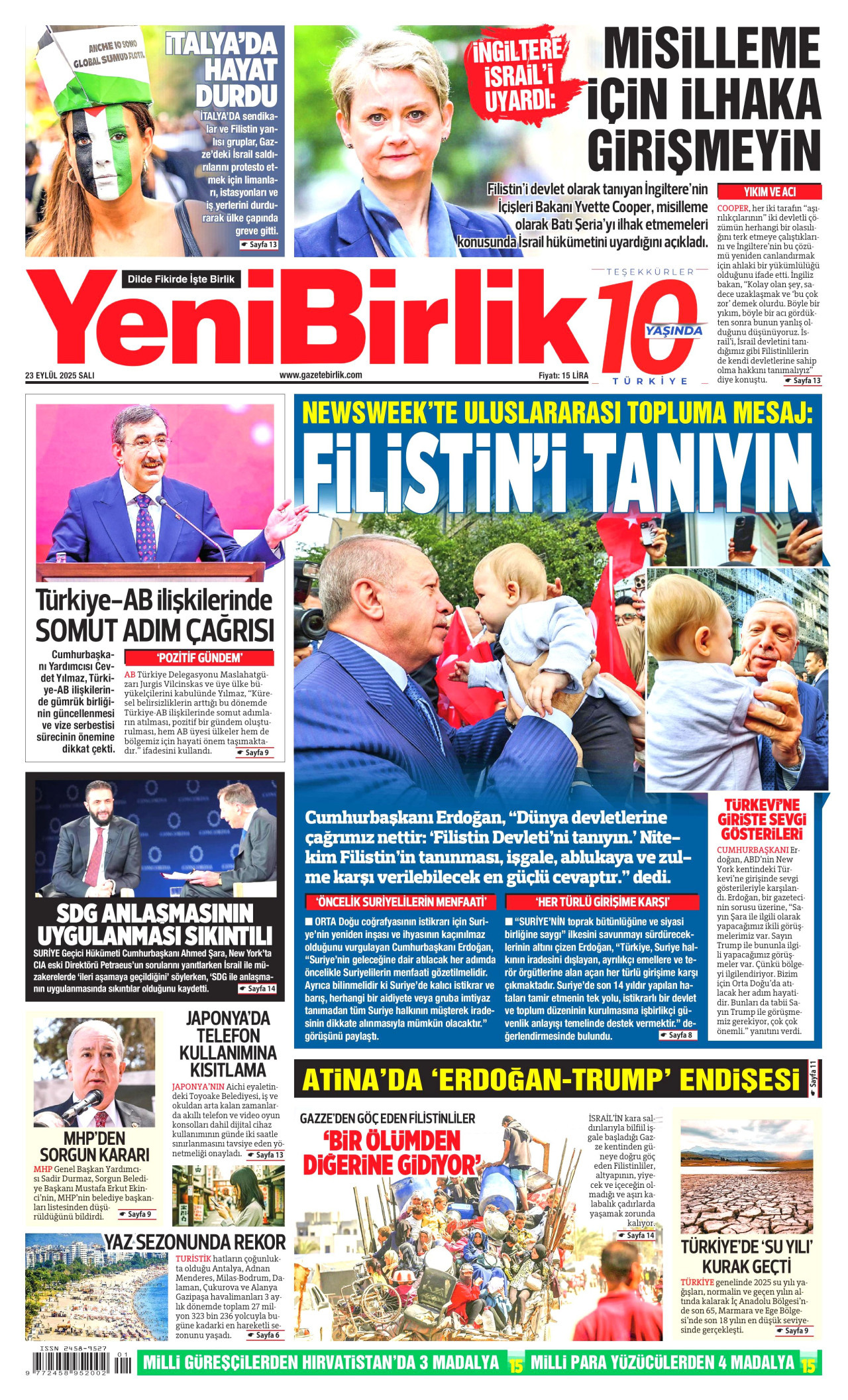 YENİBİRLİK gazetesinin 23 Eylül 2025 tarihli birinci sayfası