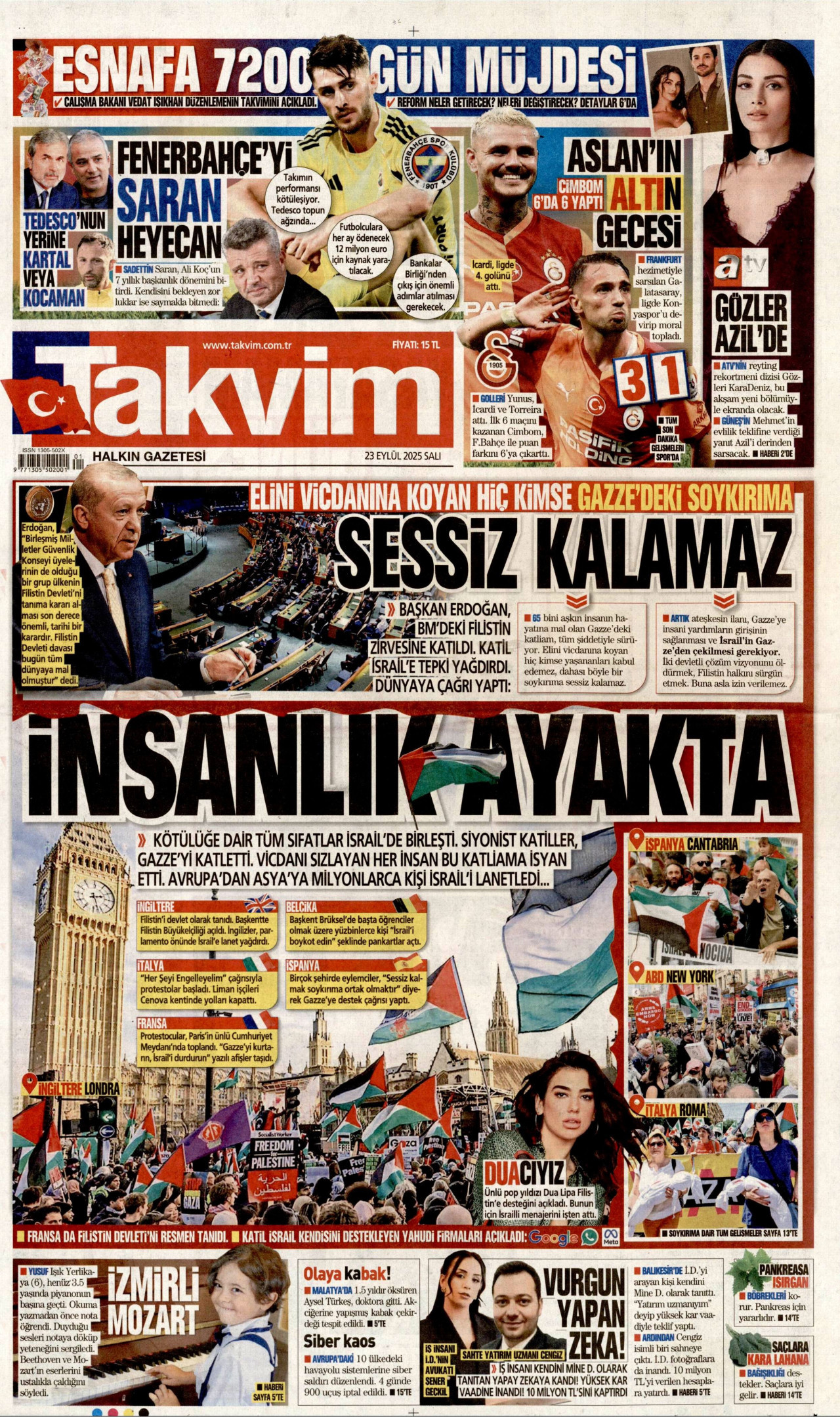 TAKVİM gazetesinin 23 Eylül 2025 tarihli birinci sayfası