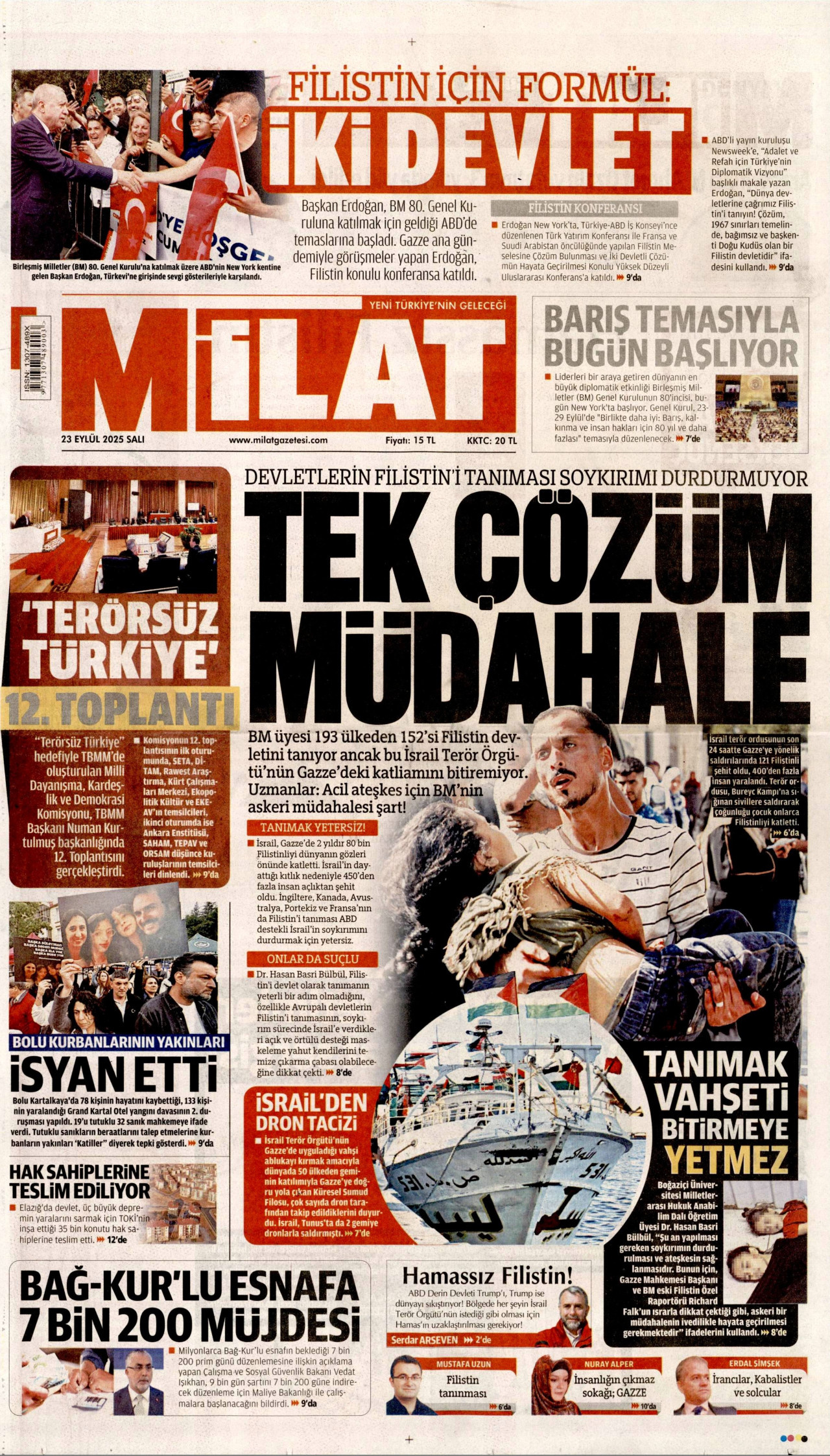 MİLAT gazetesinin 23 Eylül 2025 tarihli birinci sayfası