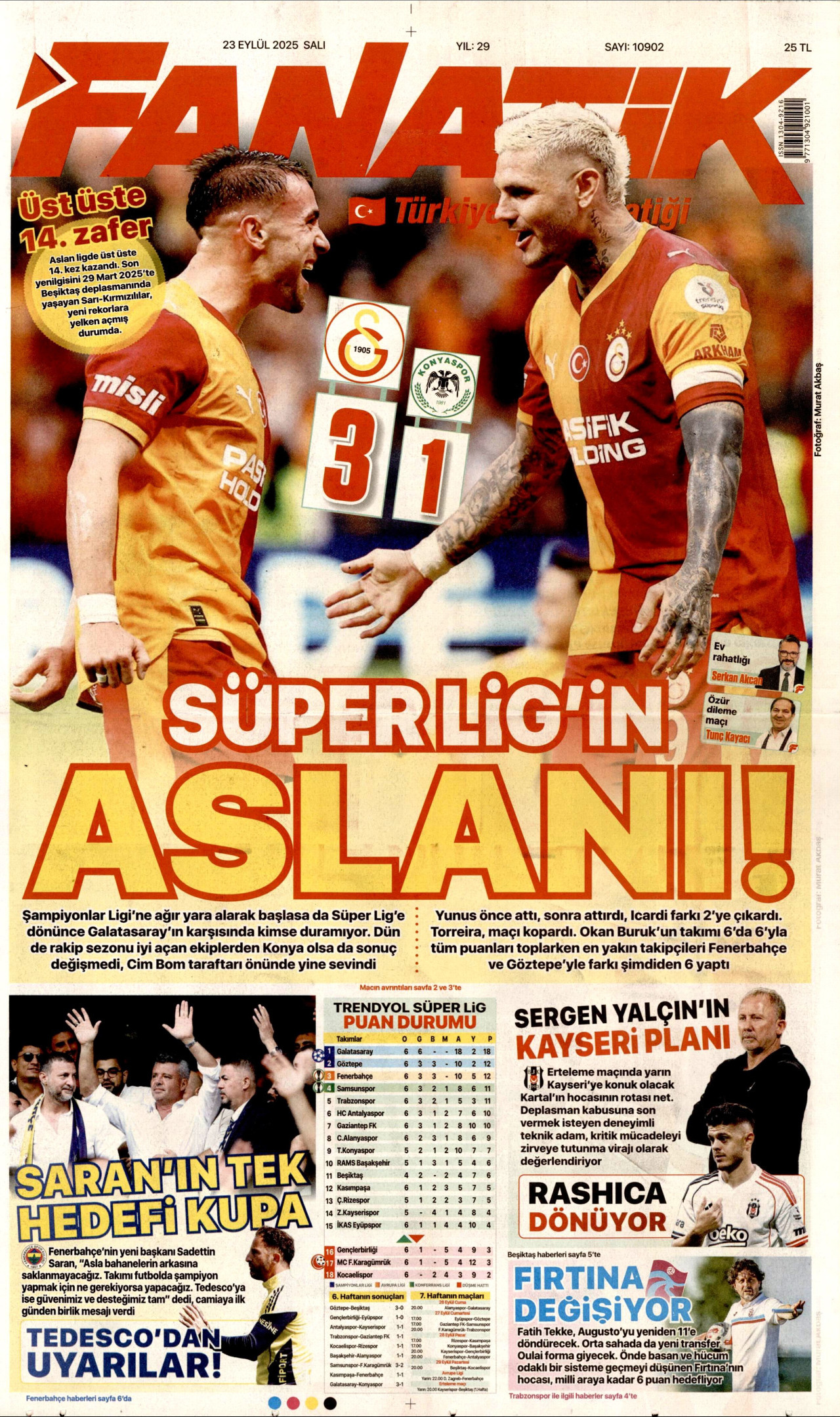 FANATİK gazetesinin 23 Eylül 2025 tarihli birinci sayfası