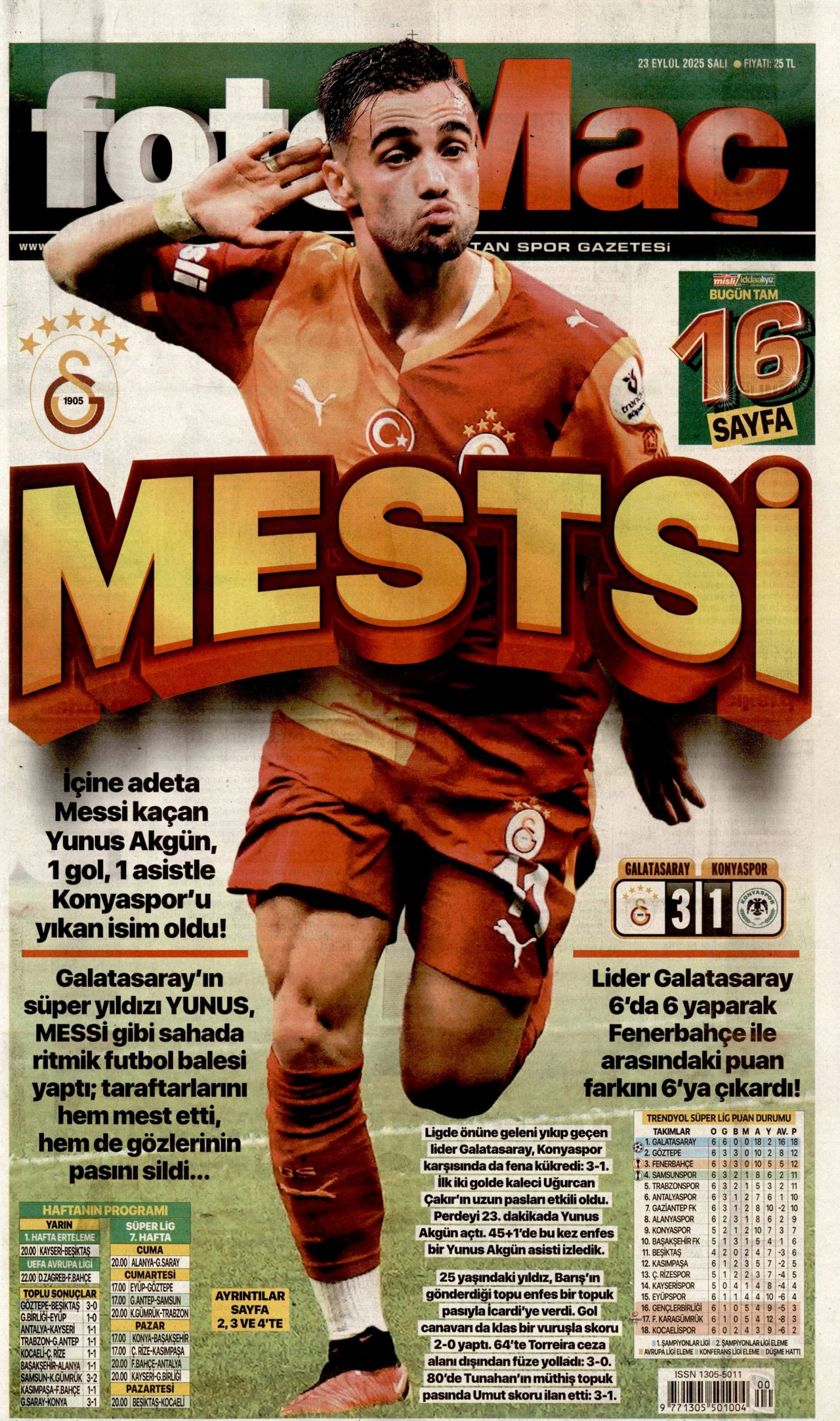 FOTOMAÇ gazetesinin 23 Eylül 2025 tarihli birinci sayfası