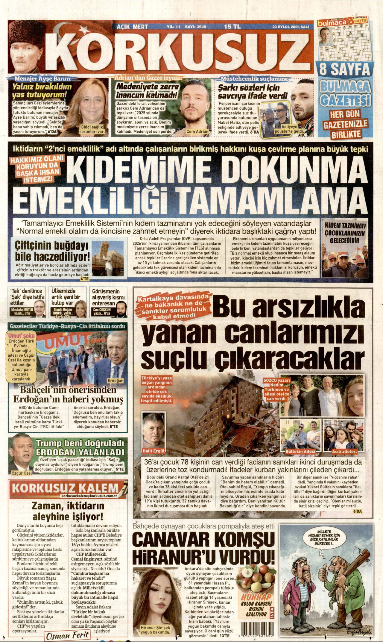 KORKUSUZ gazetesinin 23 Eylül 2025 tarihli birinci sayfası