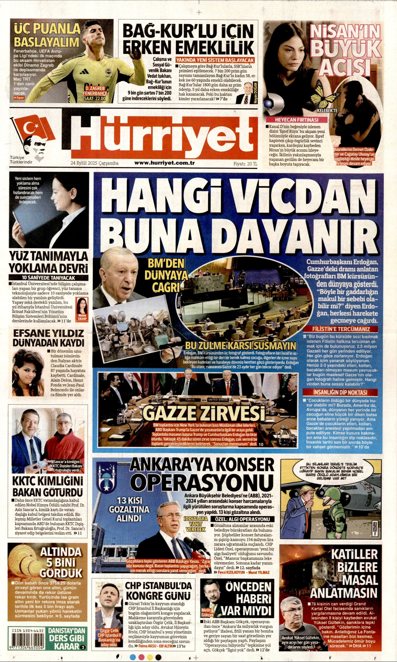 HÜRRİYET gazetesinin 24 Eylül 2025 tarihli birinci sayfası