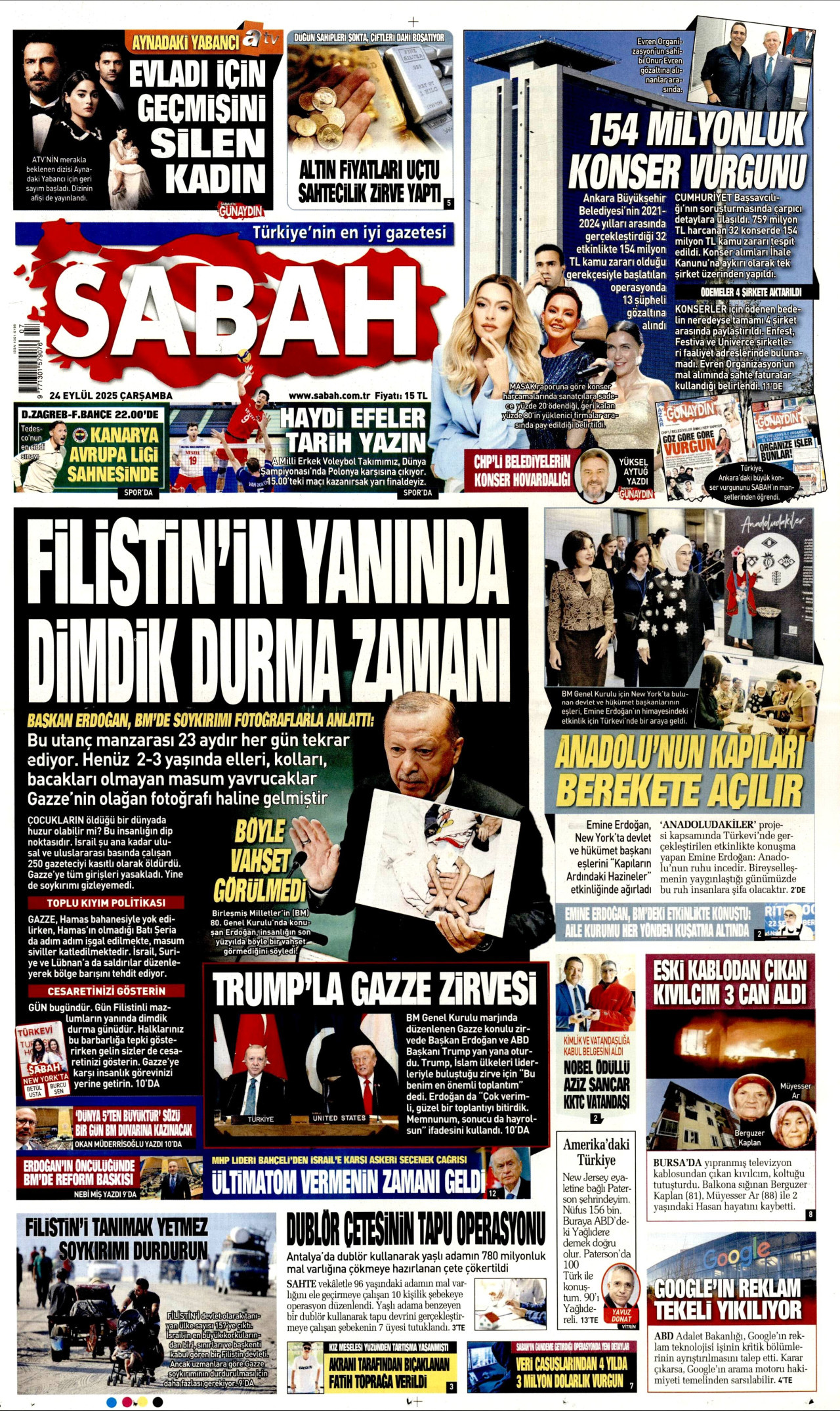 SABAH gazetesinin 24 Eylül 2025 tarihli birinci sayfası
