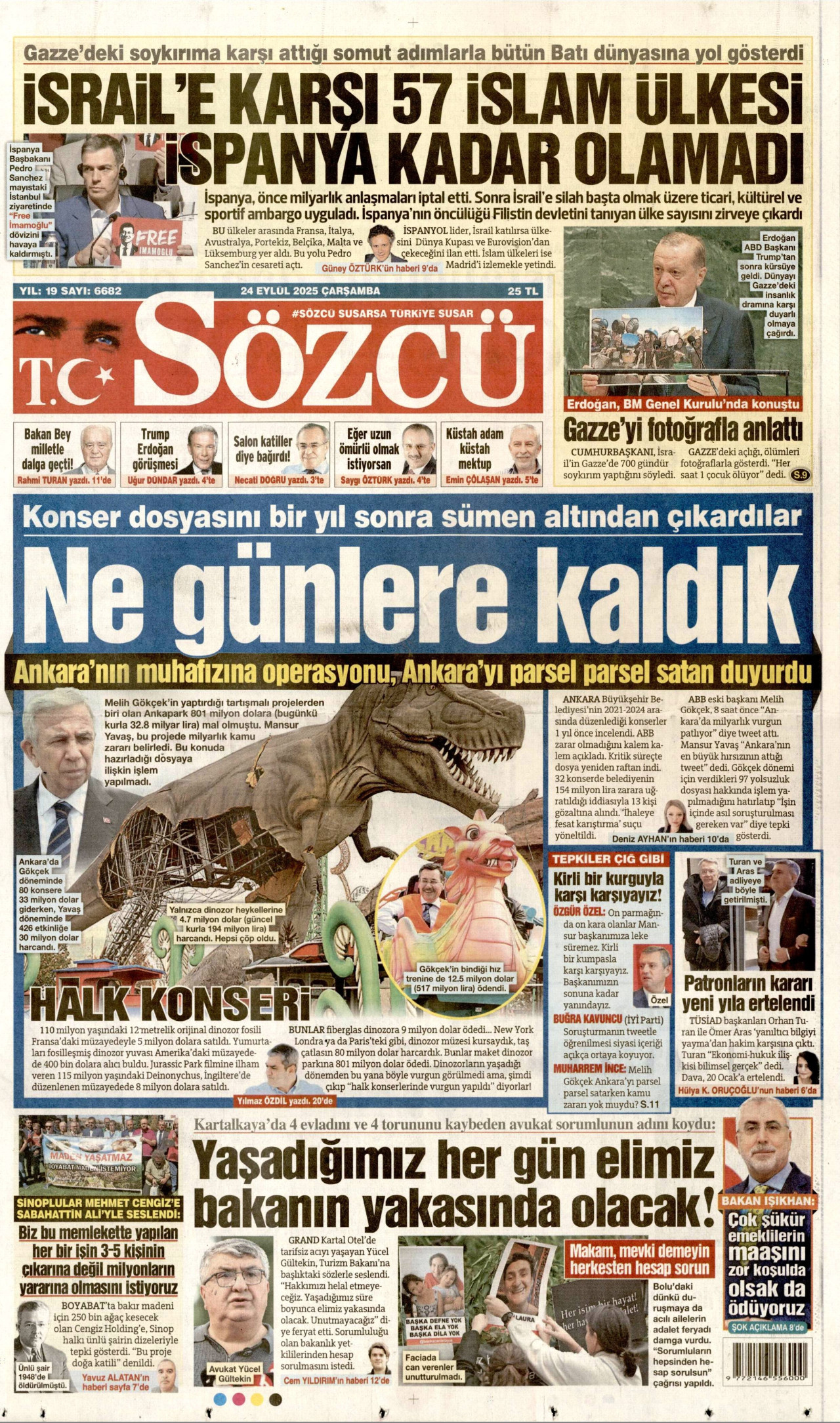 SÖZCÜ gazetesinin 24 Eylül 2025 tarihli birinci sayfası