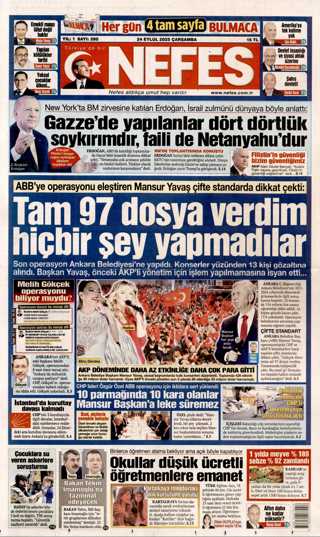 NEFES gazetesinin 24 Eylül 2025 tarihli birinci sayfası