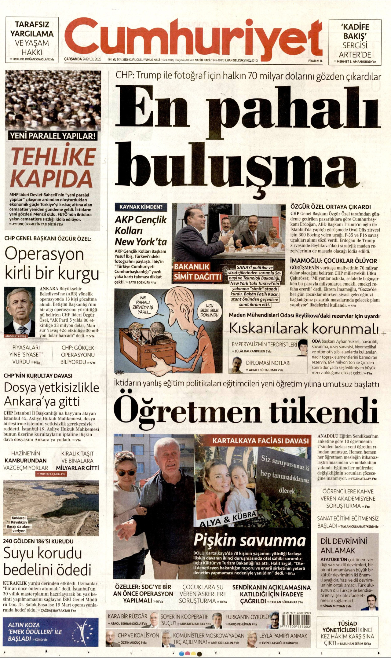 CUMHURİYET gazetesinin 24 Eylül 2025 tarihli birinci sayfası