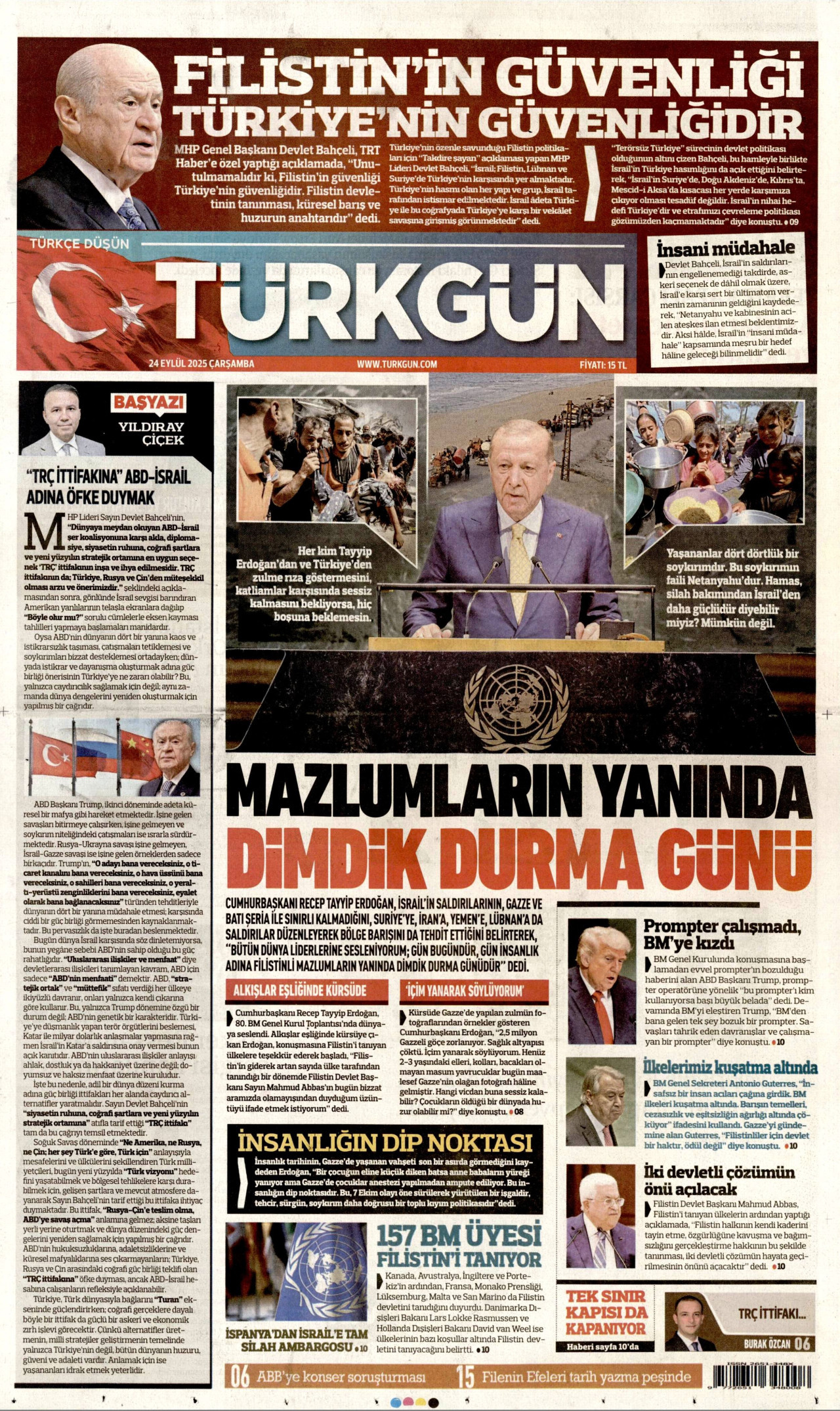 TÜRKGÜN gazetesinin 24 Eylül 2025 tarihli birinci sayfası
