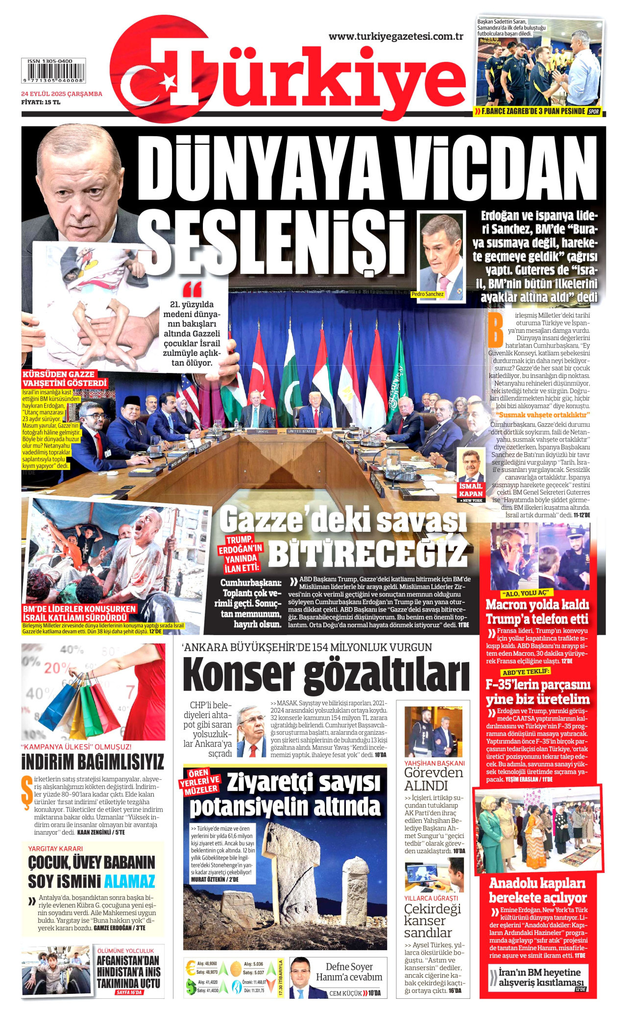 TÜRKİYE GAZETESİ gazetesinin 24 Eylül 2025 tarihli birinci sayfası