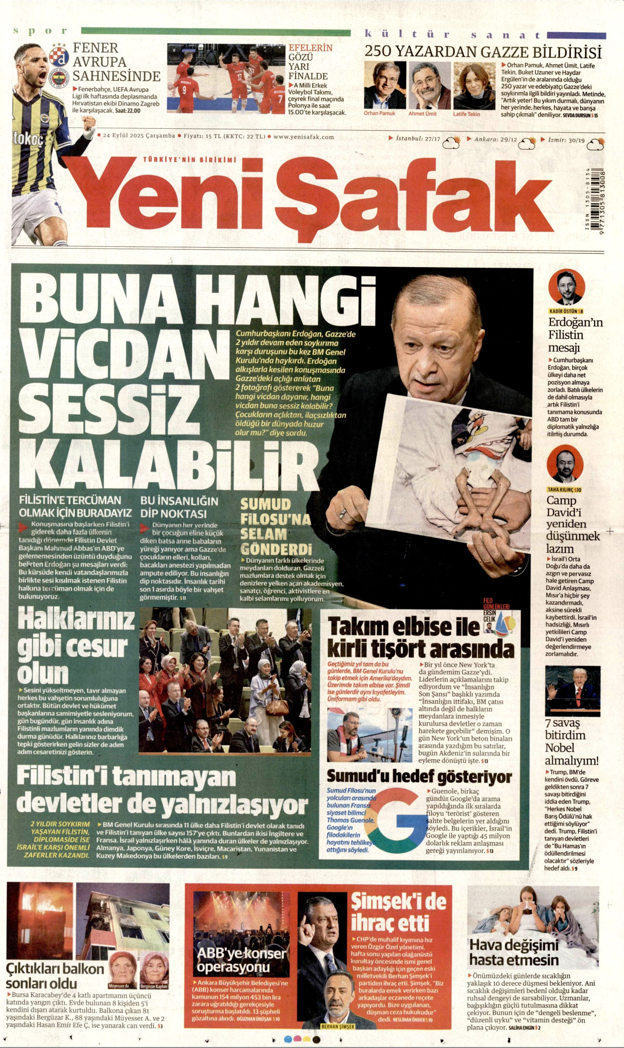 YENİ ŞAFAK gazetesinin 24 Eylül 2025 tarihli birinci sayfası
