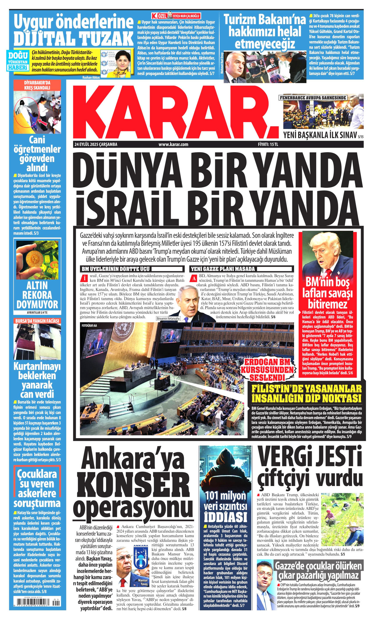 KARAR gazetesinin 24 Eylül 2025 tarihli birinci sayfası