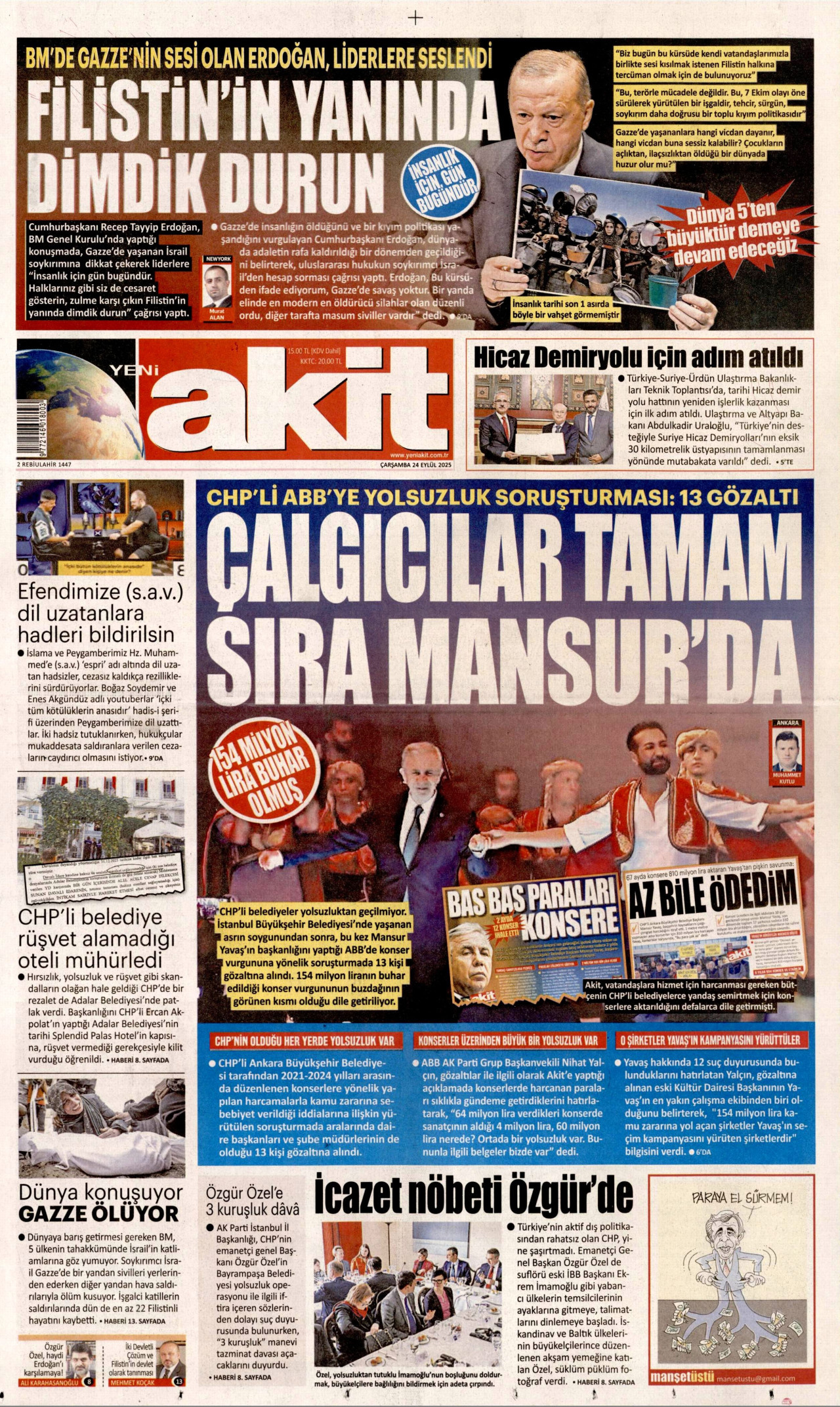 YENİ AKİT gazetesinin 24 Eylül 2025 tarihli birinci sayfası
