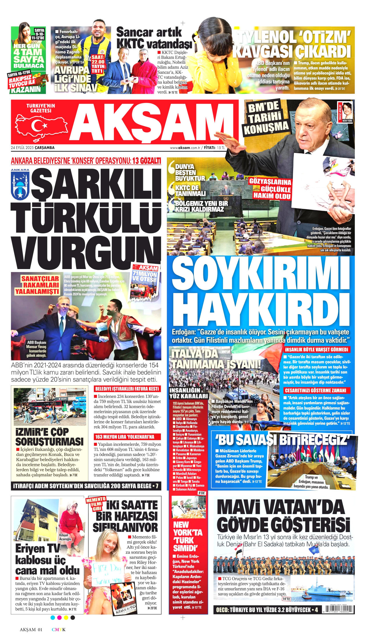 AKŞAM gazetesinin 24 Eylül 2025 tarihli birinci sayfası