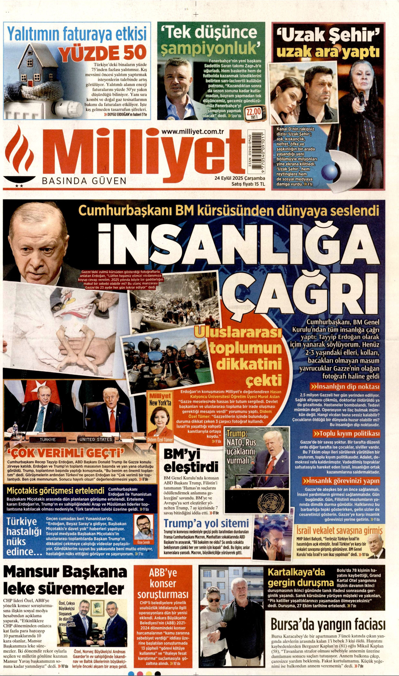 MİLLİYET gazetesinin 24 Eylül 2025 tarihli birinci sayfası