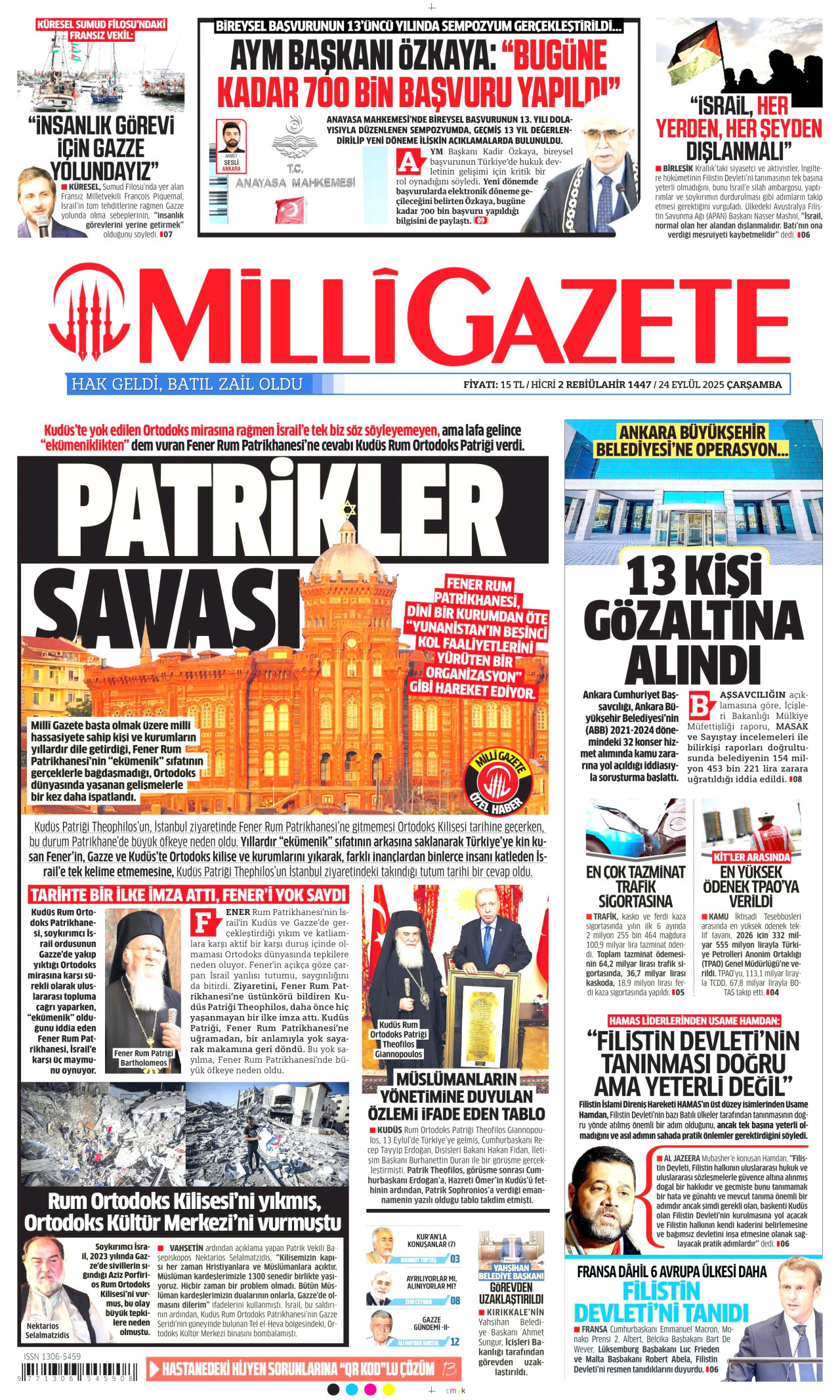MİLLİ GAZETE gazetesinin 24 Eylül 2025 tarihli birinci sayfası