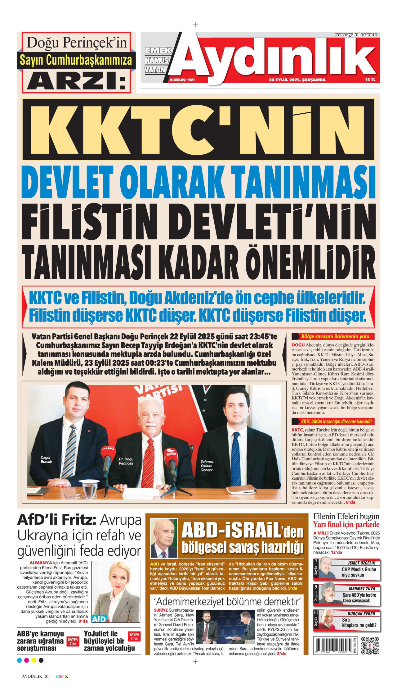 AYDINLIK GAZETESİ gazetesinin 24 Eylül 2025 tarihli birinci sayfası