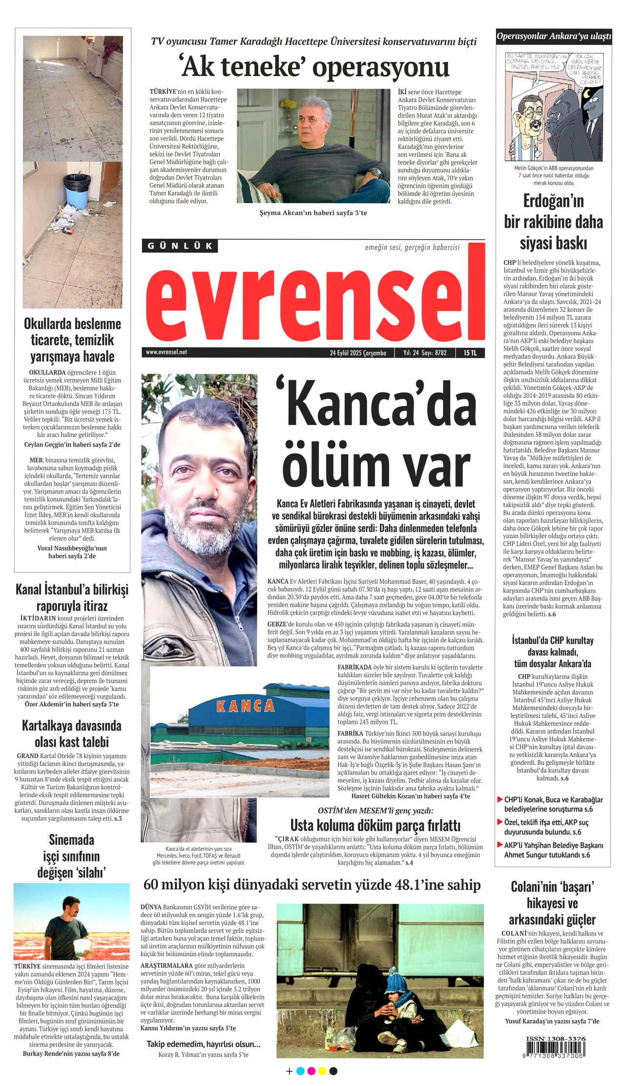 EVRENSEL gazetesinin 24 Eylül 2025 tarihli birinci sayfası