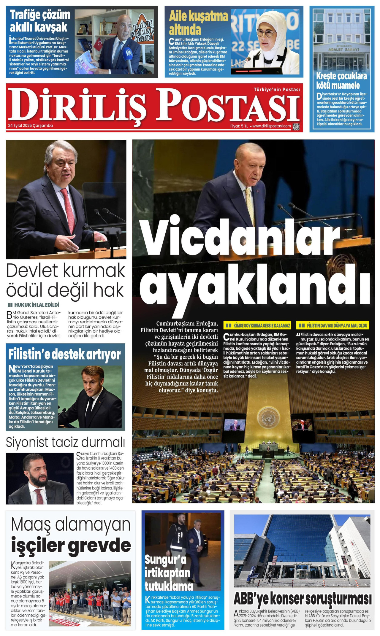 DİRİLİŞ POSTASI gazetesinin 24 Eylül 2025 tarihli birinci sayfası