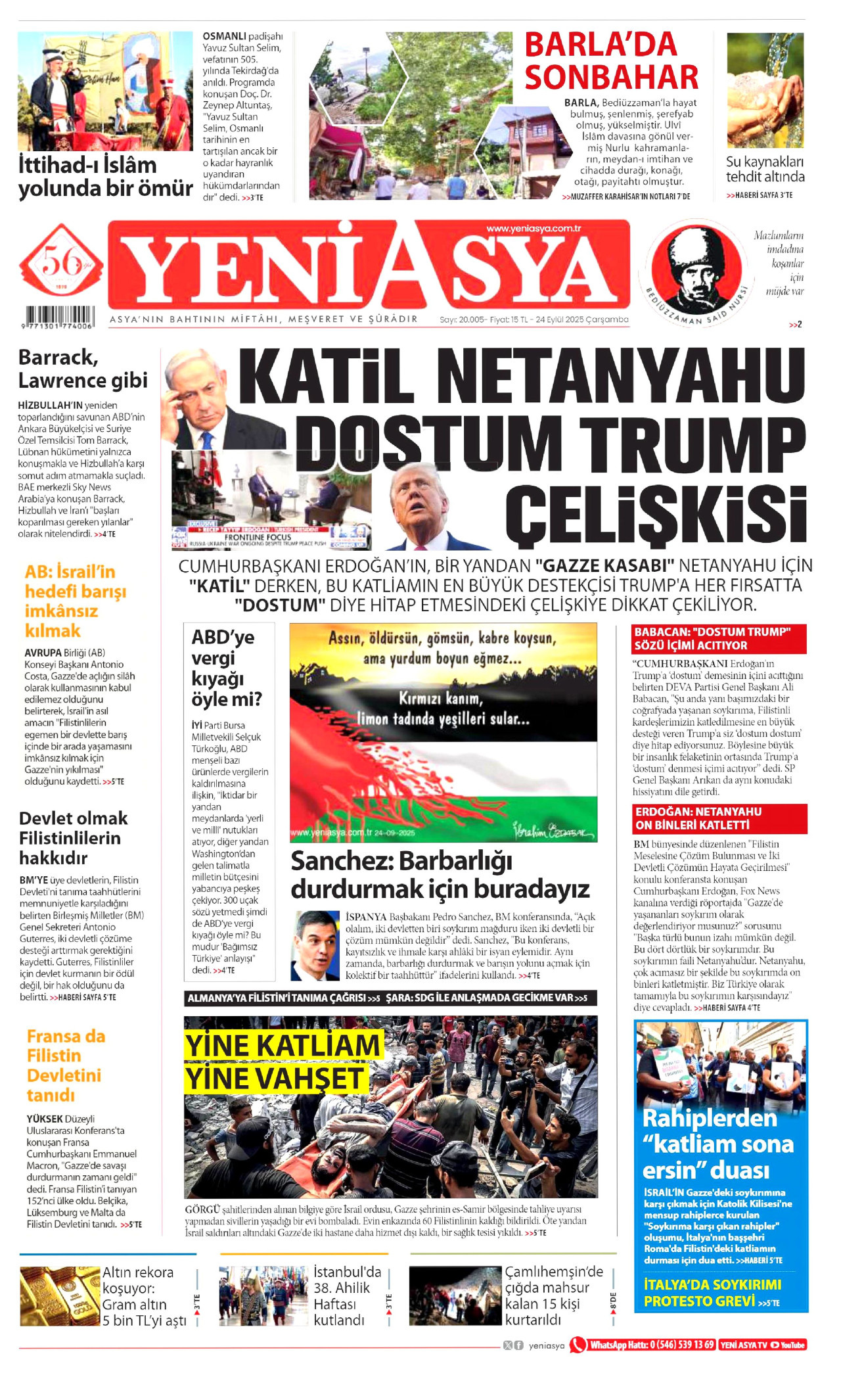 YENİ ASYA gazetesinin 24 Eylül 2025 tarihli birinci sayfası