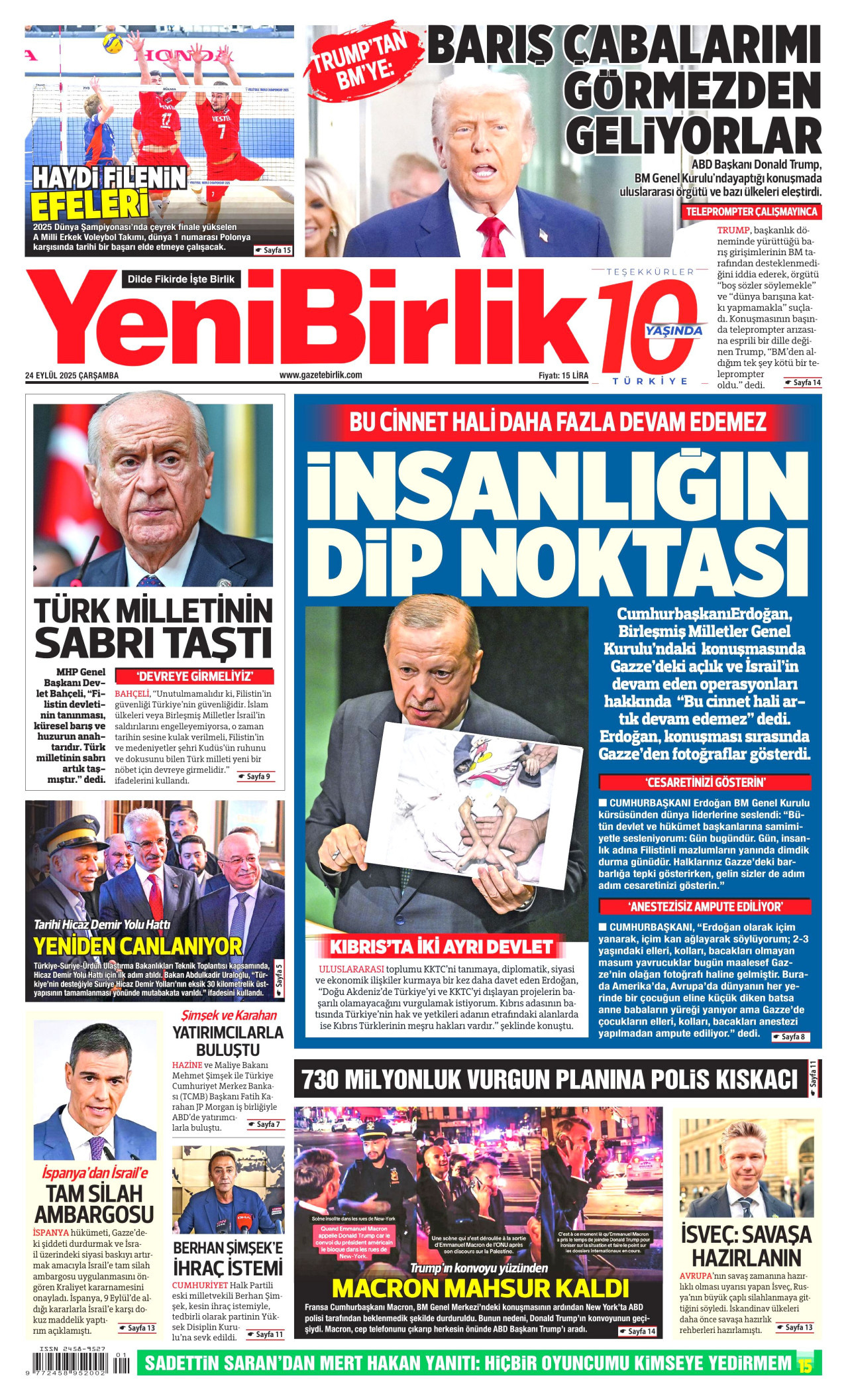 YENİBİRLİK gazetesinin 24 Eylül 2025 tarihli birinci sayfası