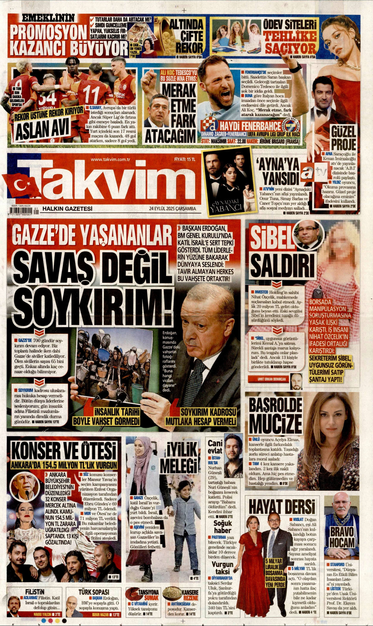 TAKVİM gazetesinin 24 Eylül 2025 tarihli birinci sayfası