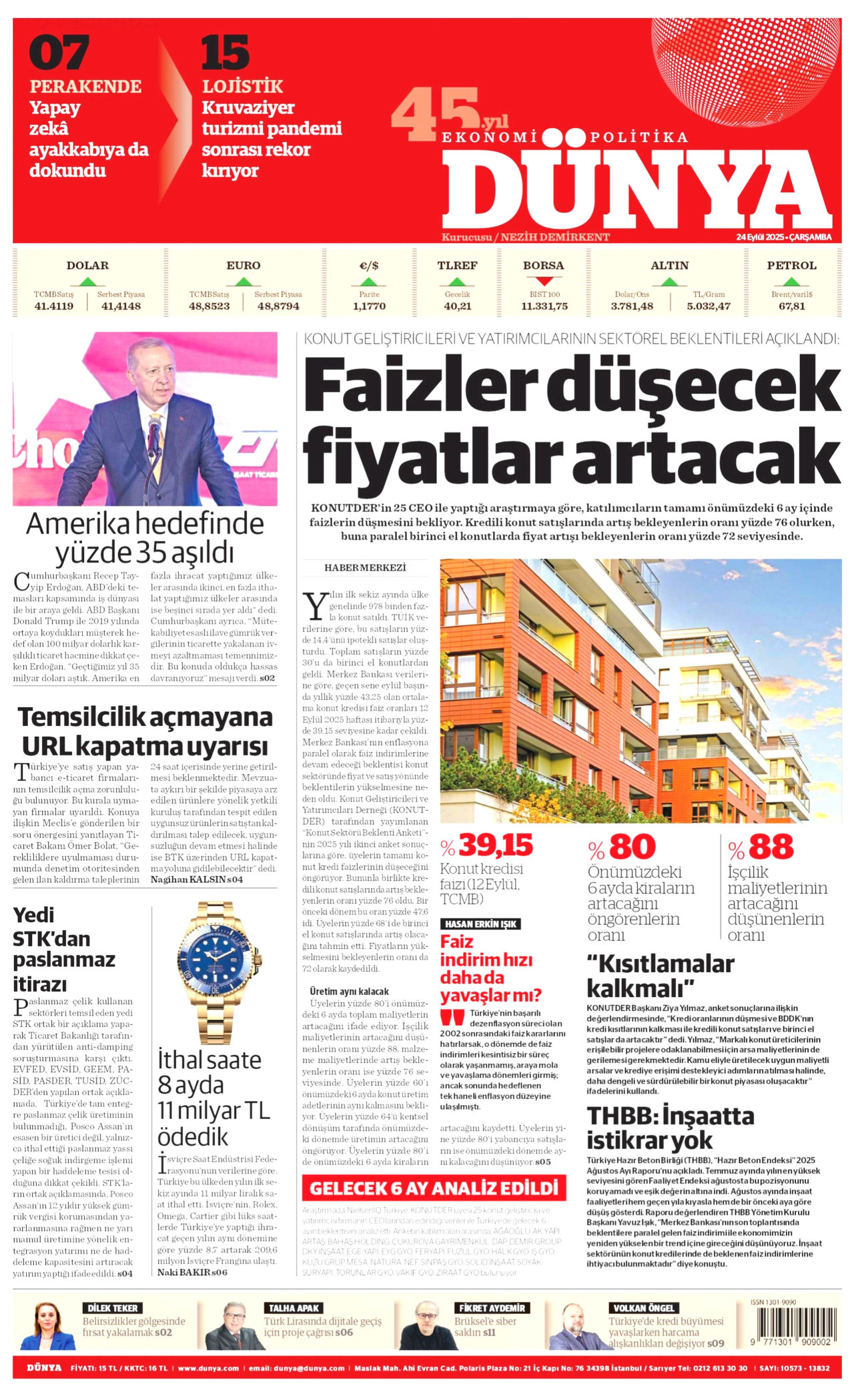 DÜNYA gazetesinin 24 Eylül 2025 tarihli birinci sayfası