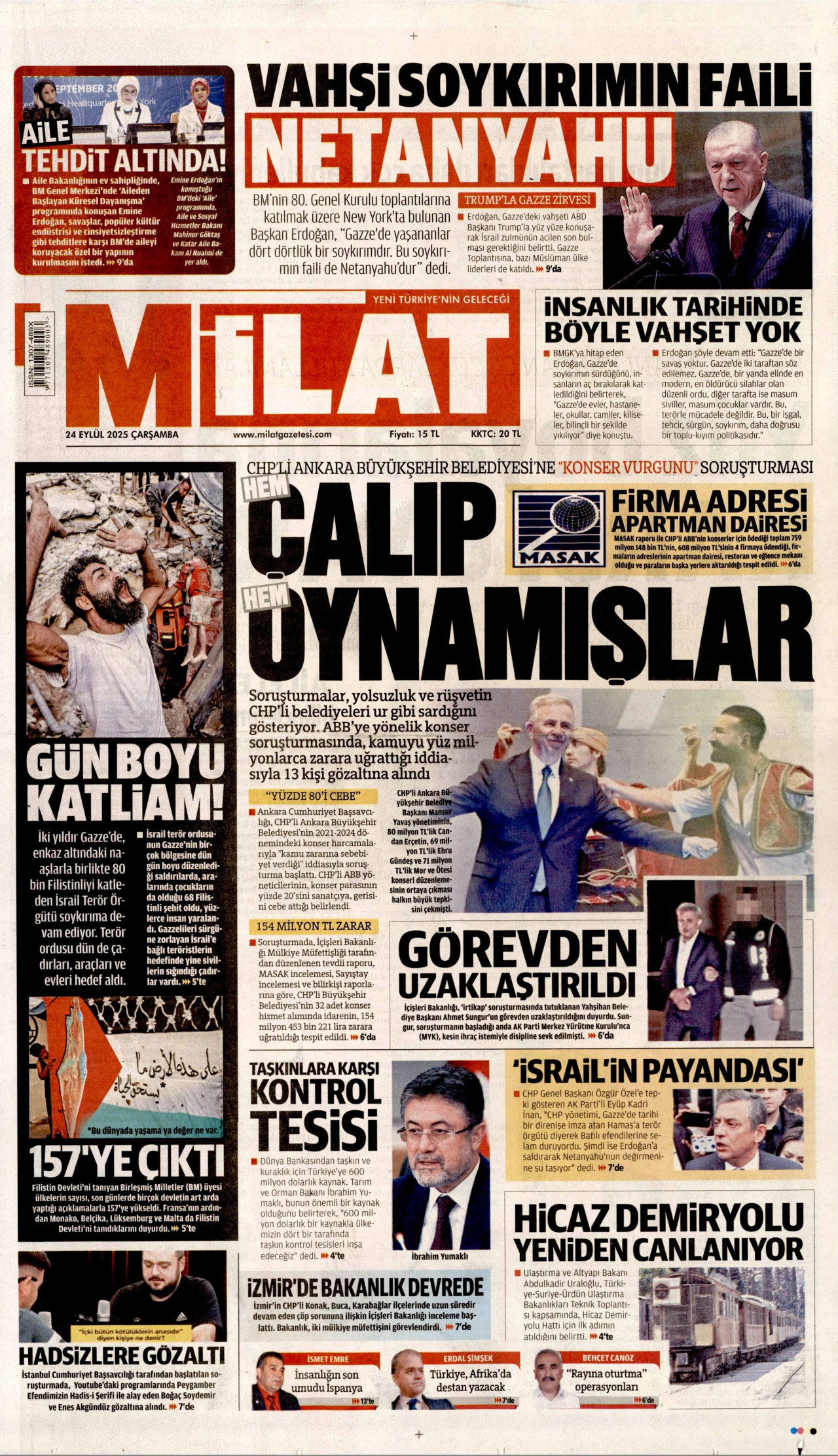 MİLAT gazetesinin 24 Eylül 2025 tarihli birinci sayfası