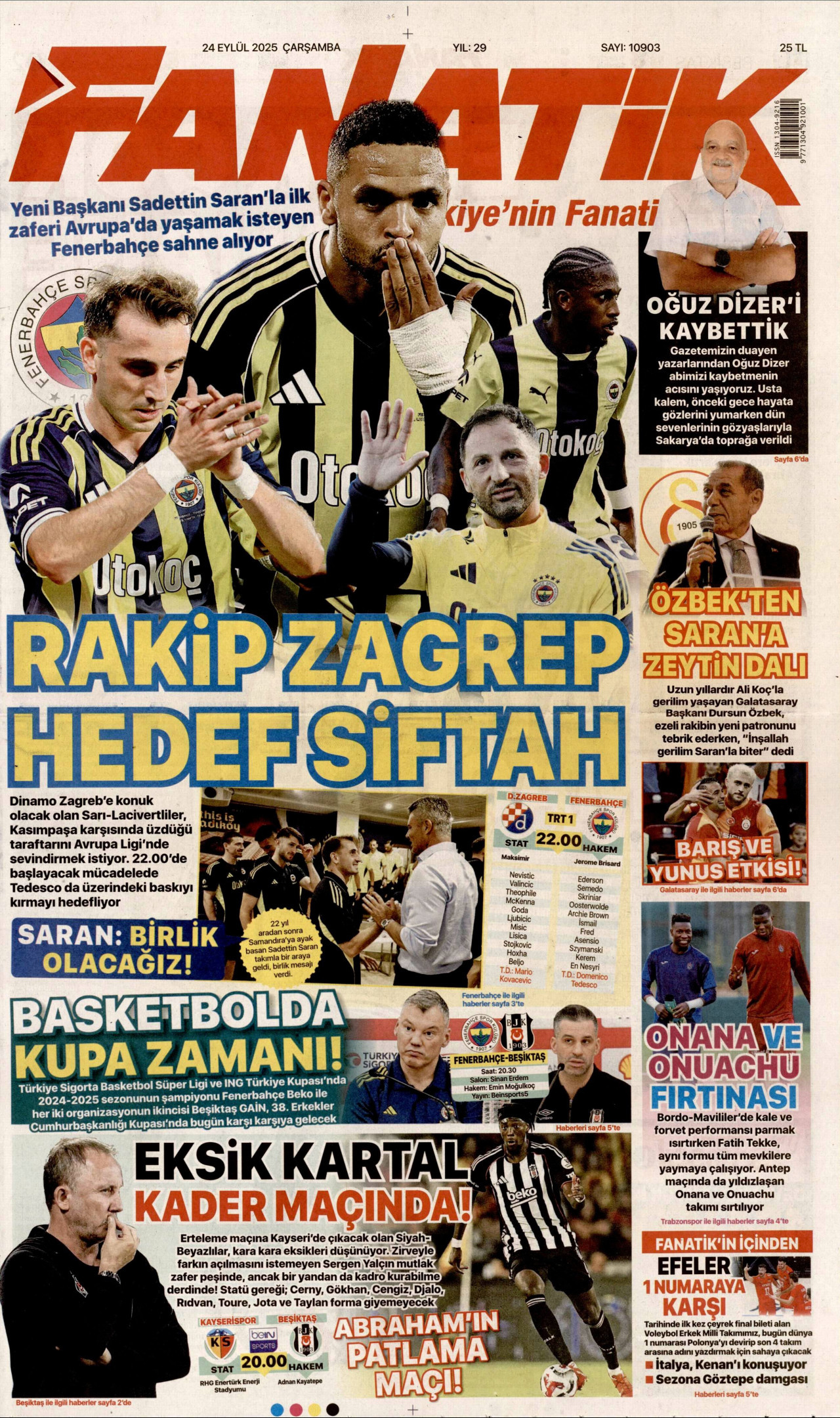 FANATİK gazetesinin 24 Eylül 2025 tarihli birinci sayfası