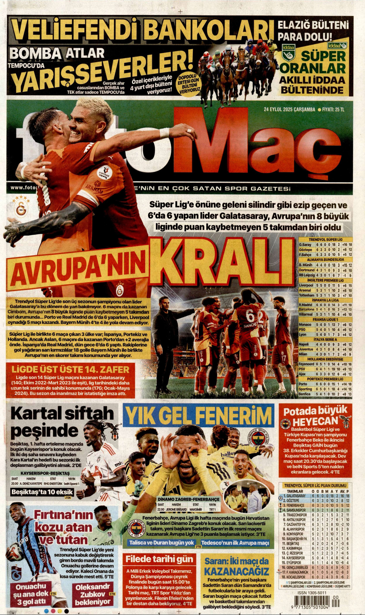 FOTOMAÇ gazetesinin 24 Eylül 2025 tarihli birinci sayfası
