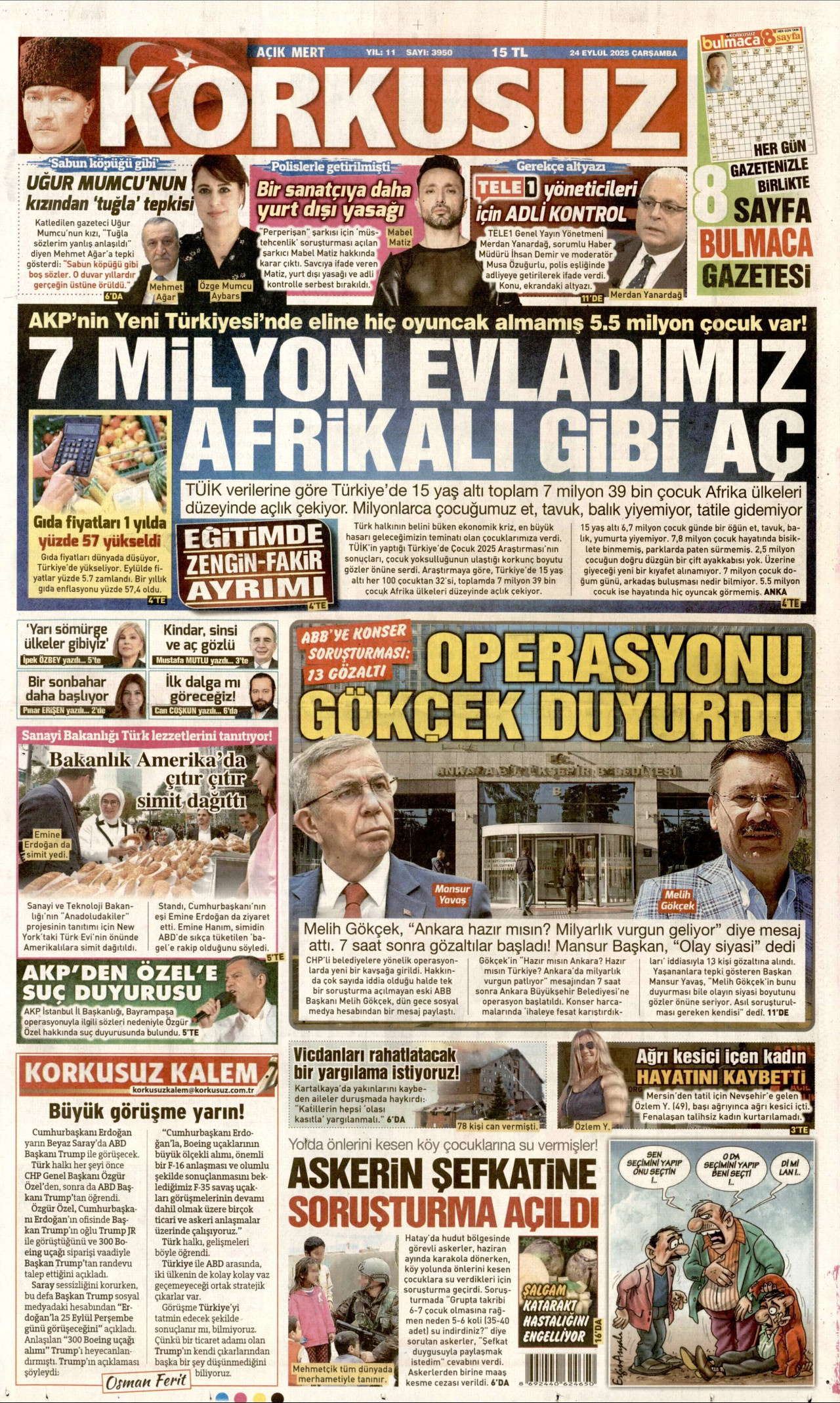 KORKUSUZ gazetesinin 24 Eylül 2025 tarihli birinci sayfası
