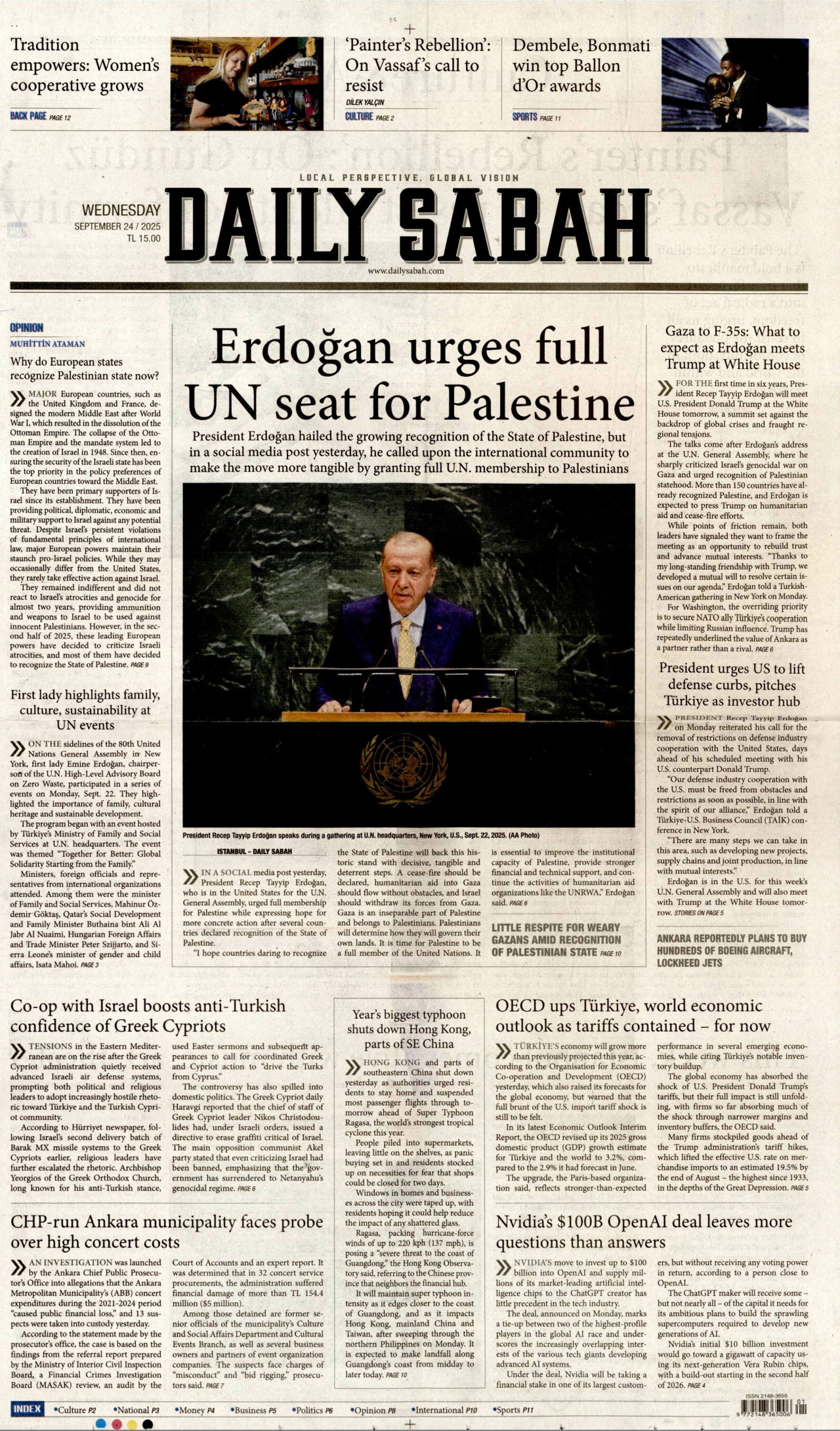 DAİLY SABAH gazetesinin 24 Eylül 2025 tarihli birinci sayfası