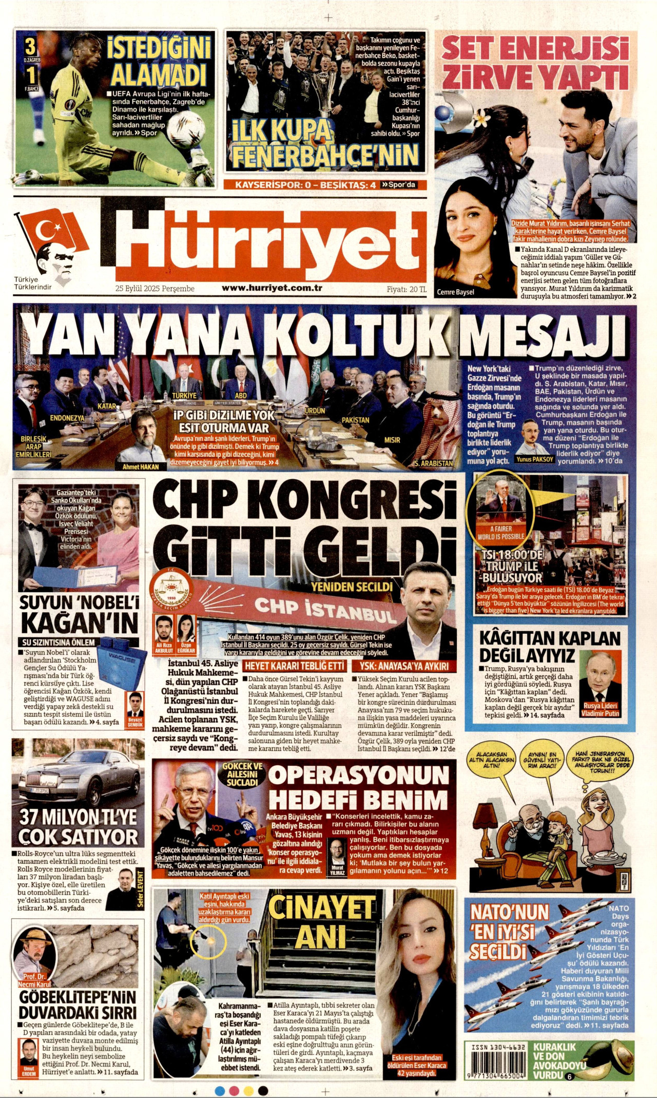 HÜRRİYET gazetesinin 25 Eylül 2025 tarihli birinci sayfası