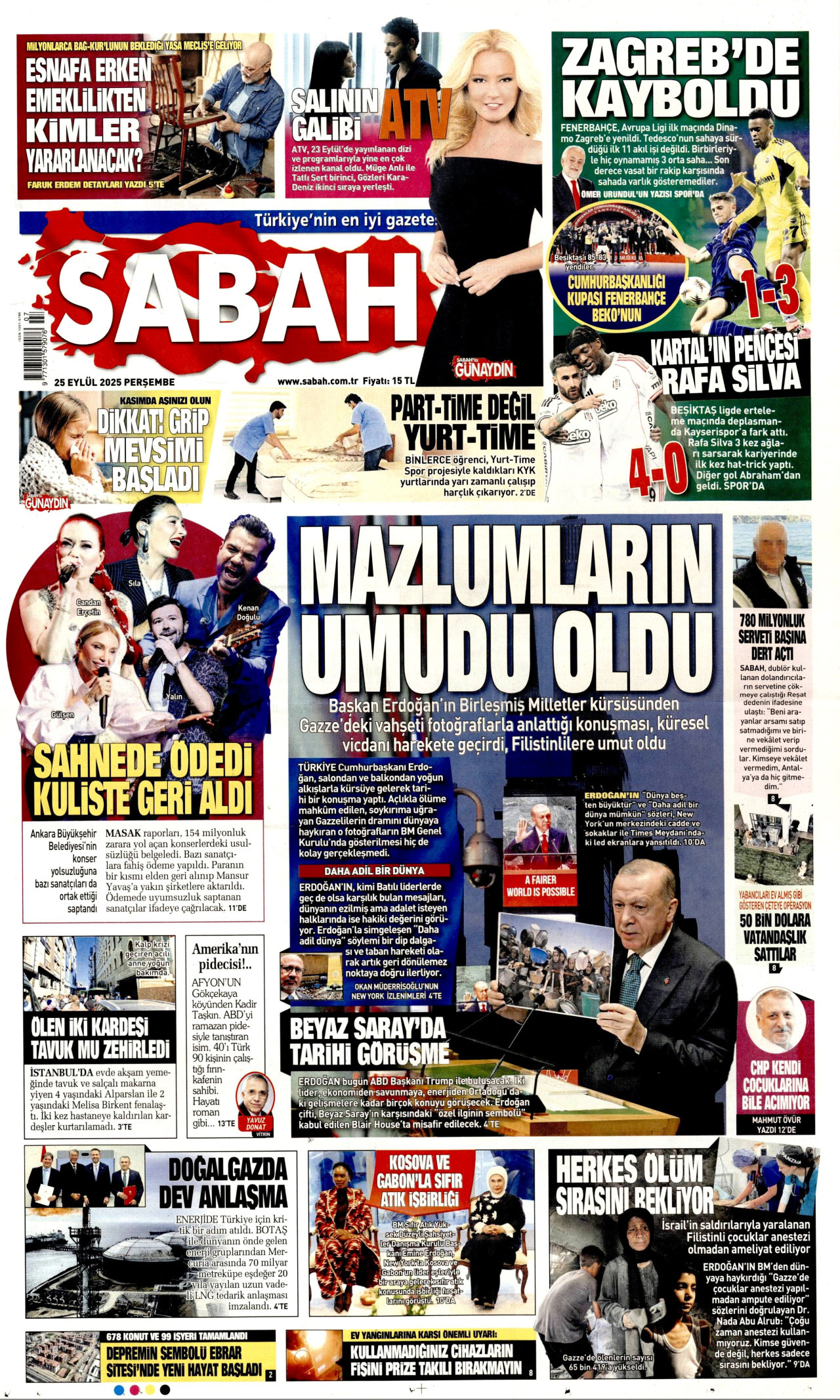 SABAH gazetesinin 25 Eylül 2025 tarihli birinci sayfası