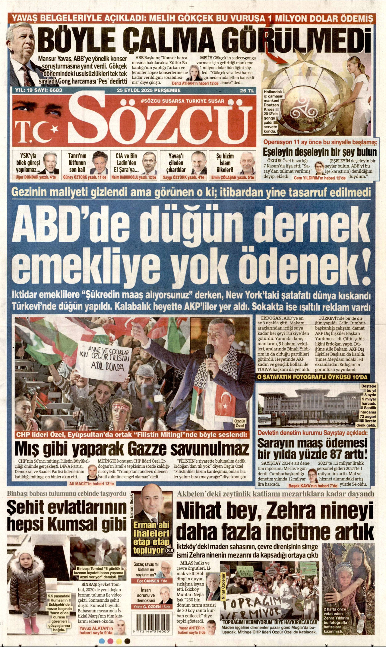SÖZCÜ gazetesinin 25 Eylül 2025 tarihli birinci sayfası