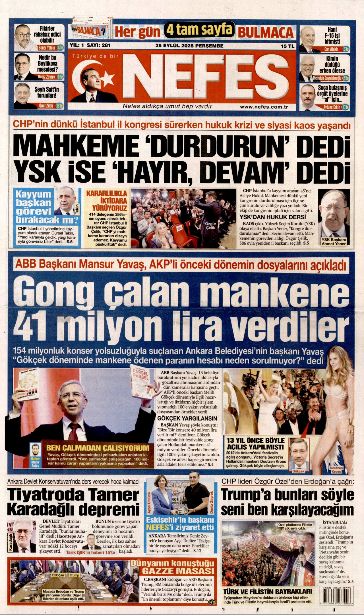 NEFES gazetesinin 25 Eylül 2025 tarihli birinci sayfası