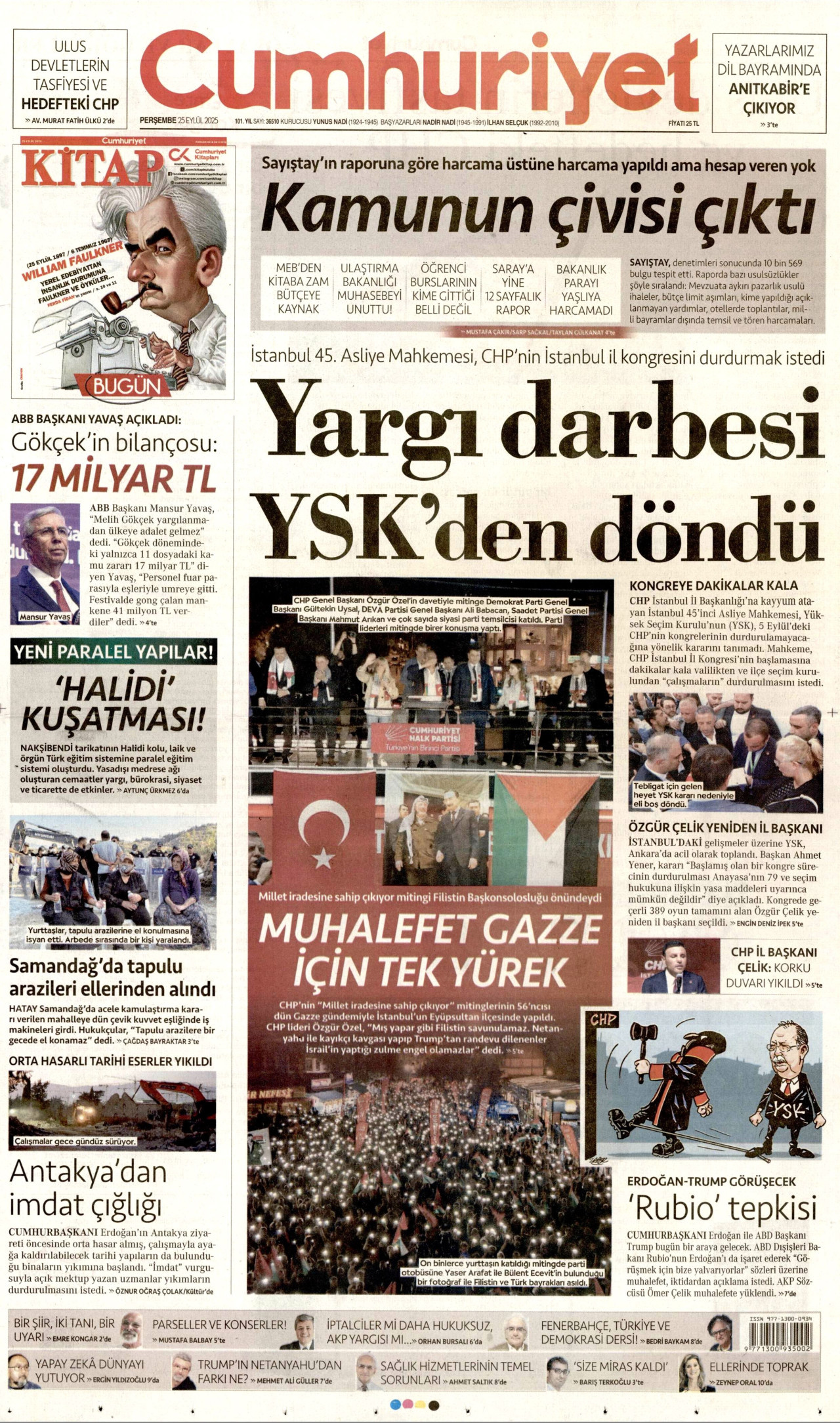 CUMHURİYET gazetesinin 25 Eylül 2025 tarihli birinci sayfası
